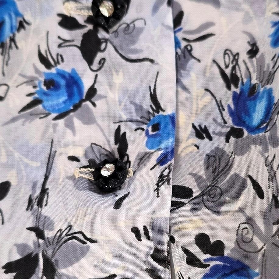 VTG Cay Artley Blue Floral Shirtwaist Dress Pleated Mid Century Rockabilly MEZ