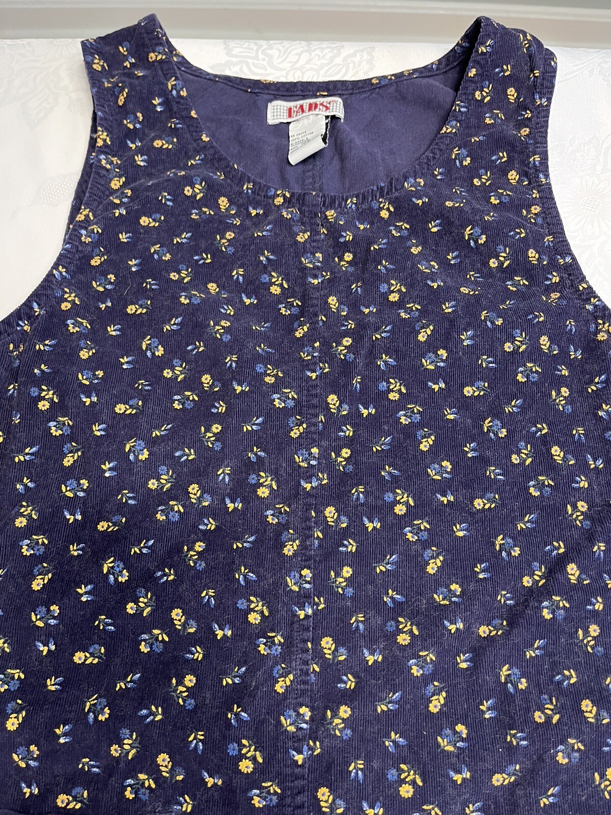 Fads Vintage 1980’s Blue Floral Corduroy Jumper Pina Fore Dress Midi Size 10P