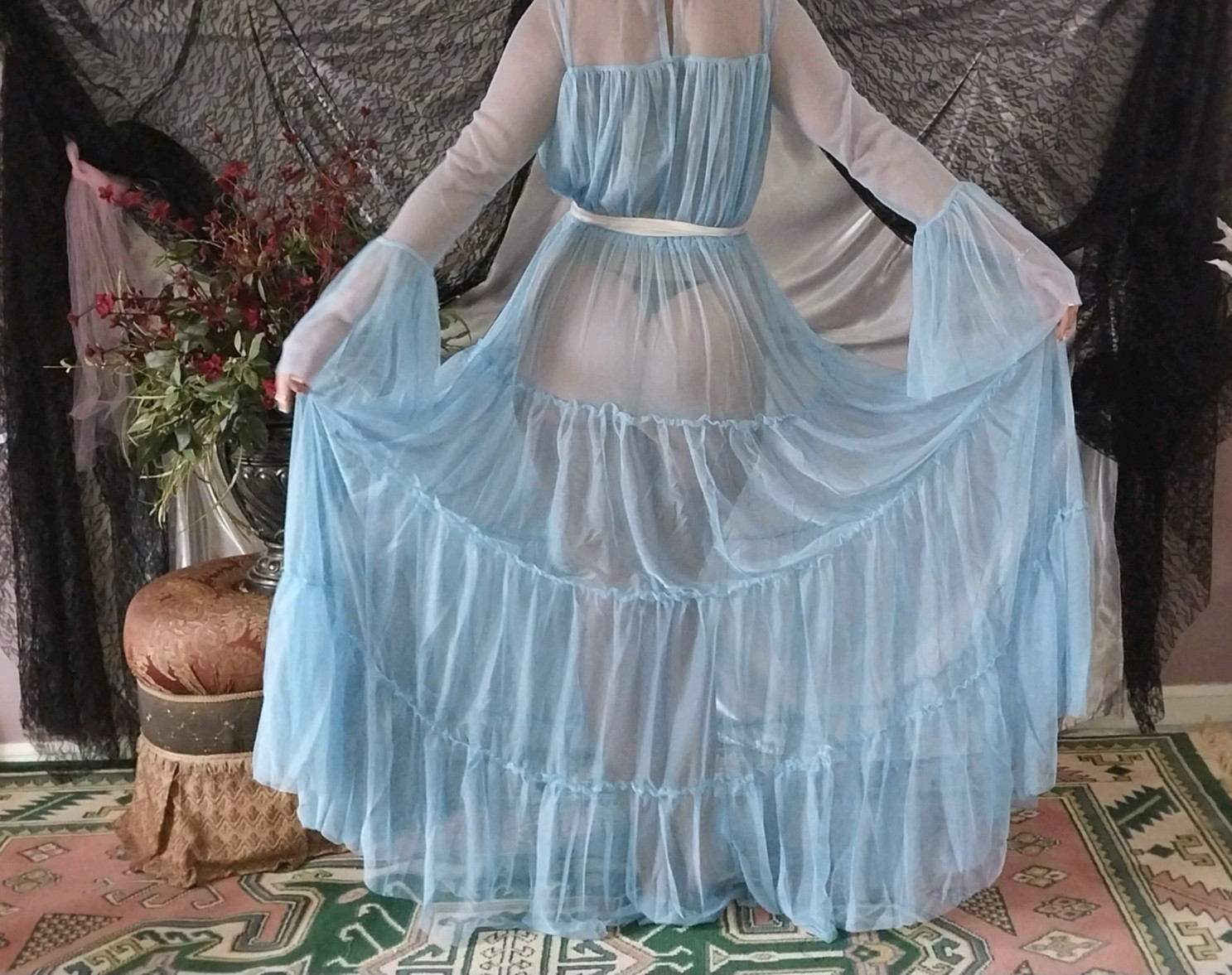VTG NYLON BABY BLUE OPAQUE SHEER RUFFLES LAYERS TIER BELL SLV SWEEP NIGHTGOWN 48