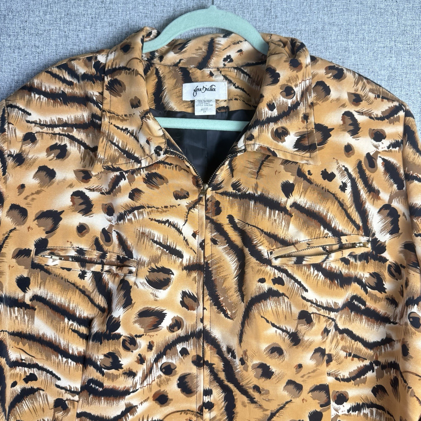 Vintage 90s Fern Bratten Bomber Jacket Leopard Animal Print Black Brown XL/2XL