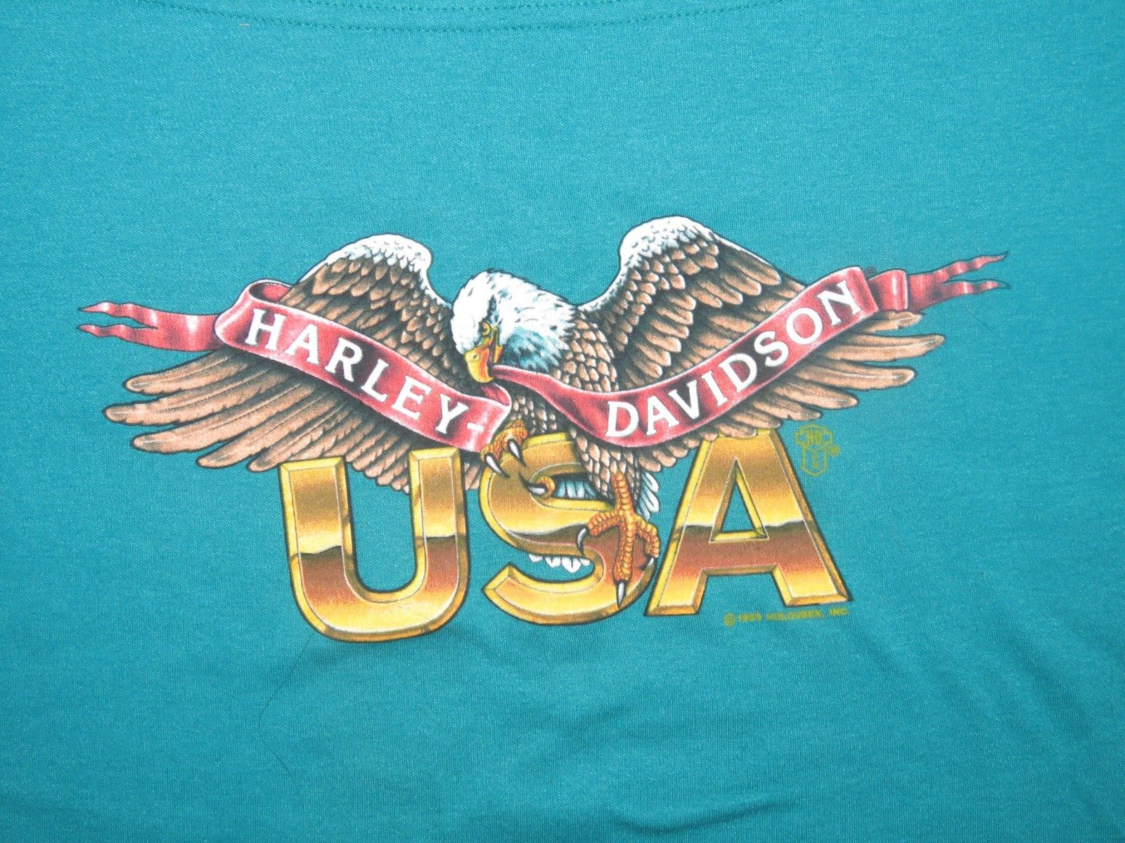 VTG 1982 Holoubek Harley Davidson USA Teal Boatneck Bald Eagle Logo Sz Large