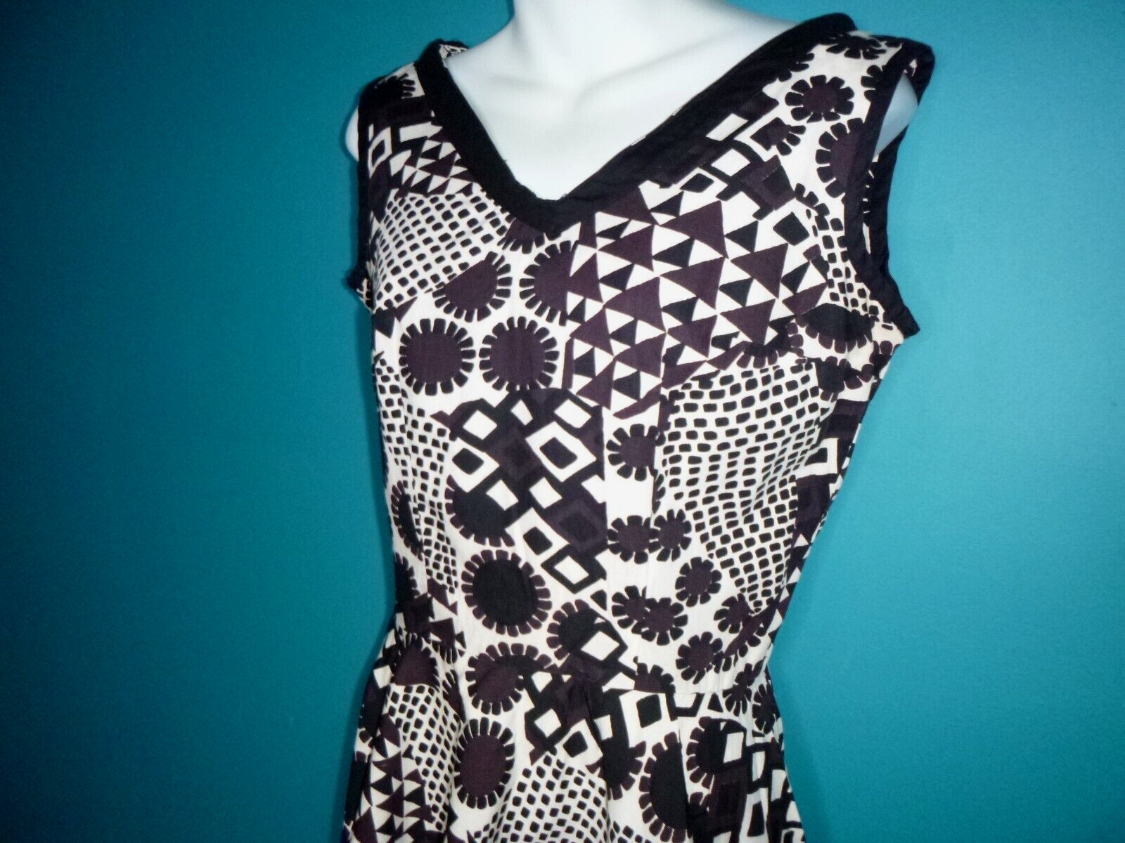 Vtg 60s Fit and Flare Dress MOD Black Brown White Abstract Floral Print Sz S/M