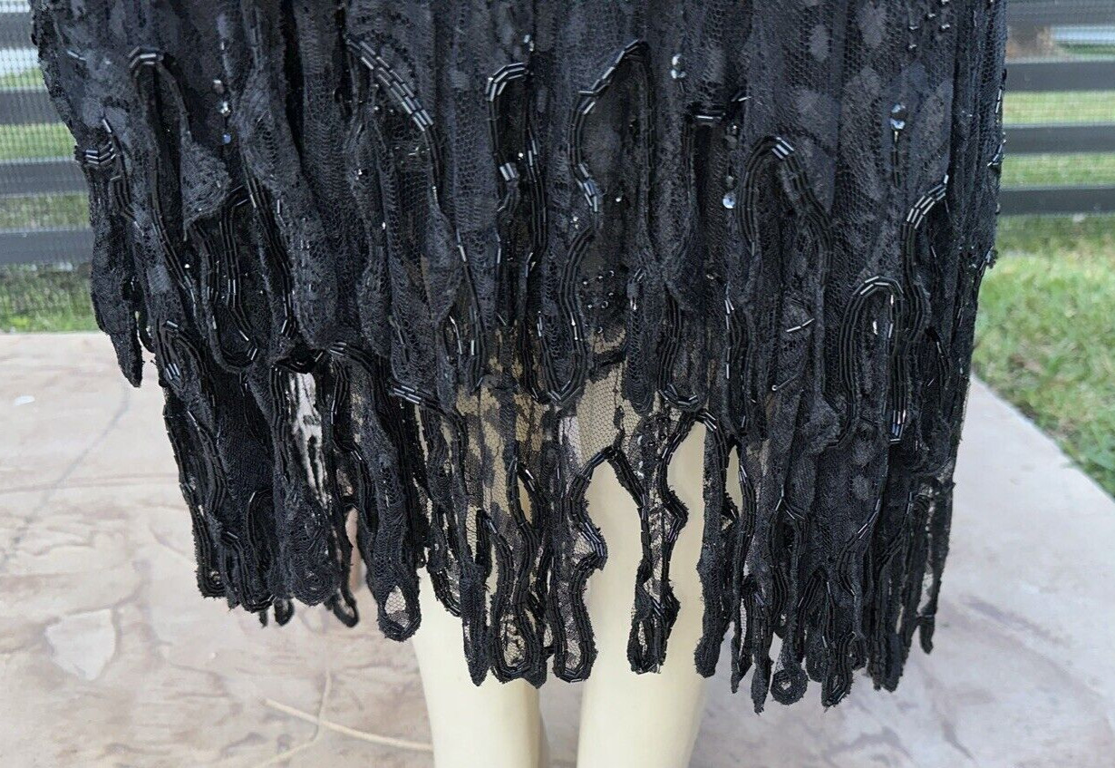 VTG JUDITH ANN CREATIONS BLACK SILK HEAVELY BEADED ASYMMETRIC HEM DRESS Sz XL
