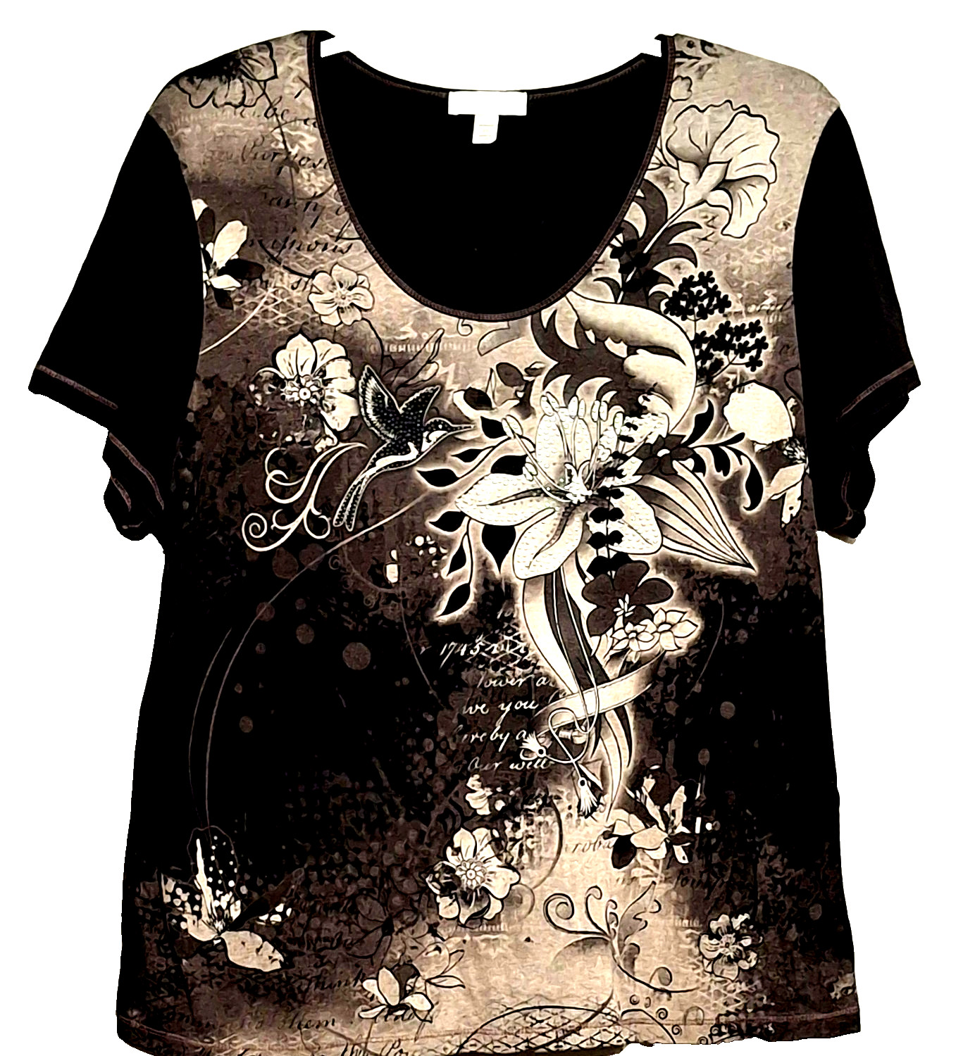 Dress Barn Woman 2X VTG Y2K Bling Floral Shirt Goth Fairy Grunge Tattoo Print