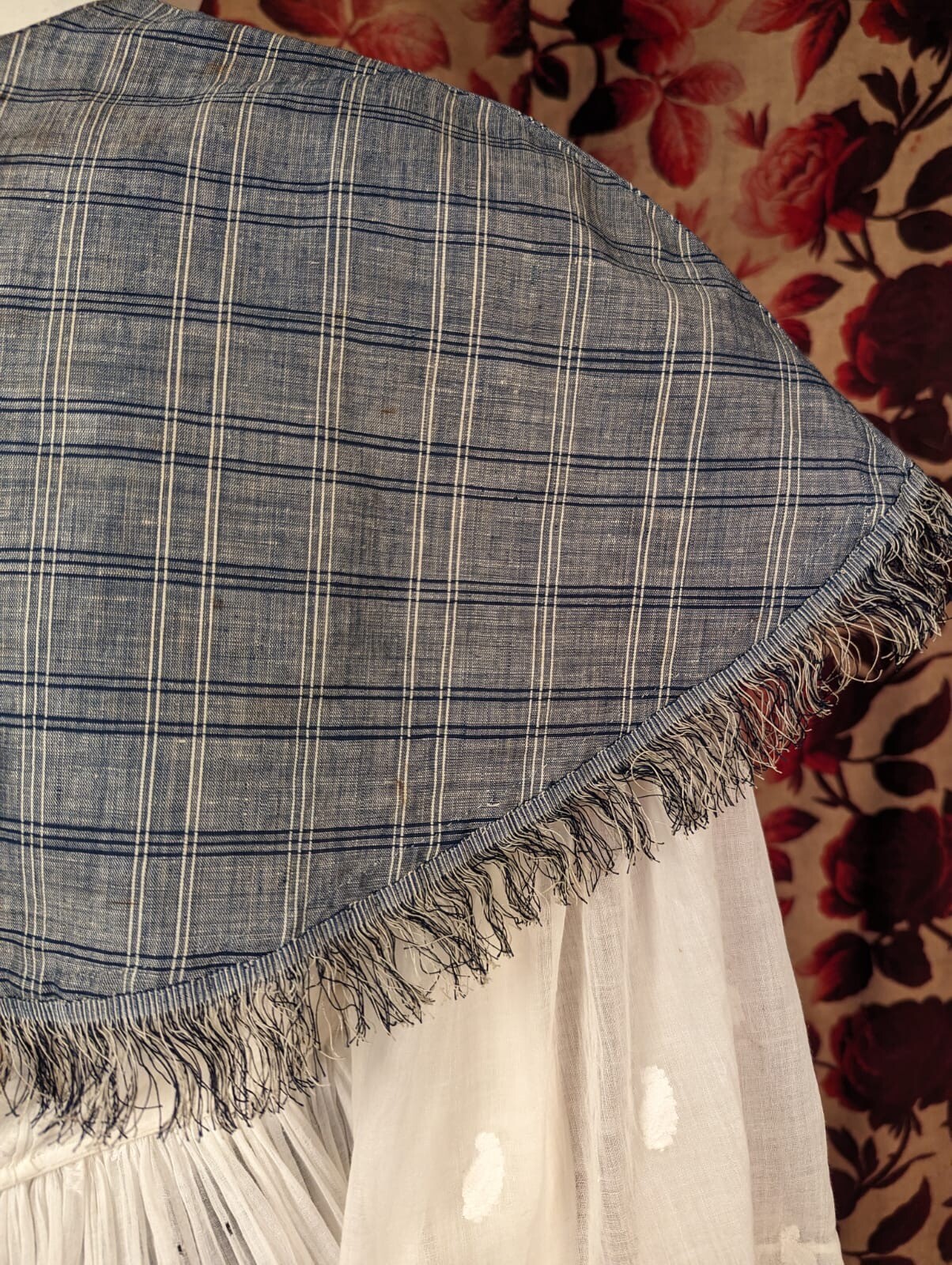 MID 19TH C BLUE GREY PLAID PELERTINE CAPE FOR DRESS W SILK FRINGE TRIM