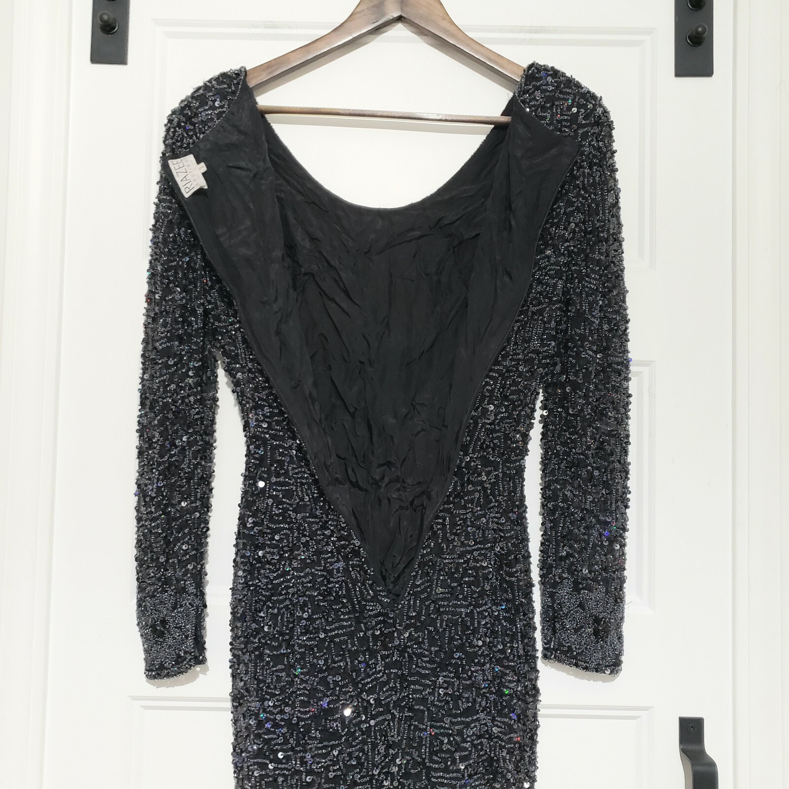 Vintage Riazee Beaded Sequin Mini Dress Black Body Con Long Sleeve Womens 2/4