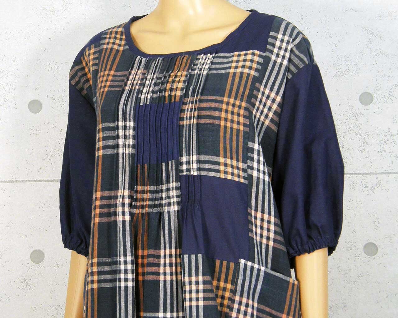 Japanese Vintage Kimono Remake Dress Cotton Indigo-dyed Round-neck Short-sleeved