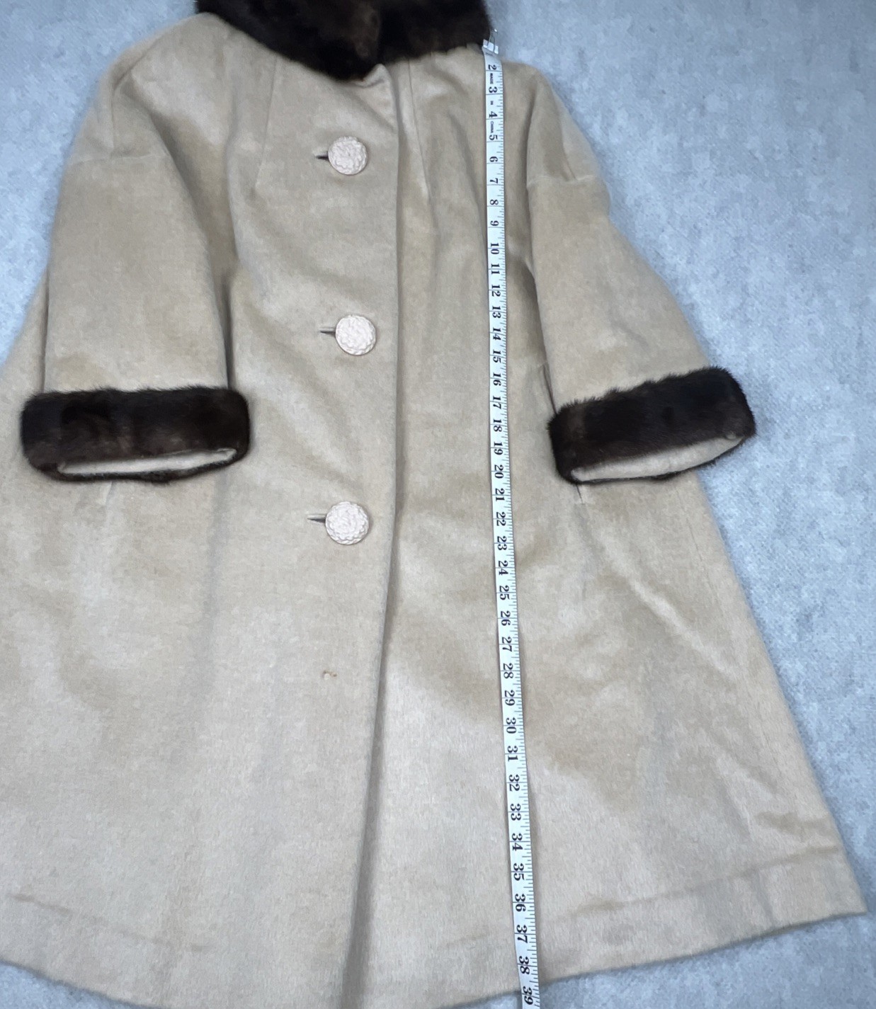 Vintage 50s SABELARI Taupe Camel Hair Tan MINK FUR Wedding Ring Collar Coat