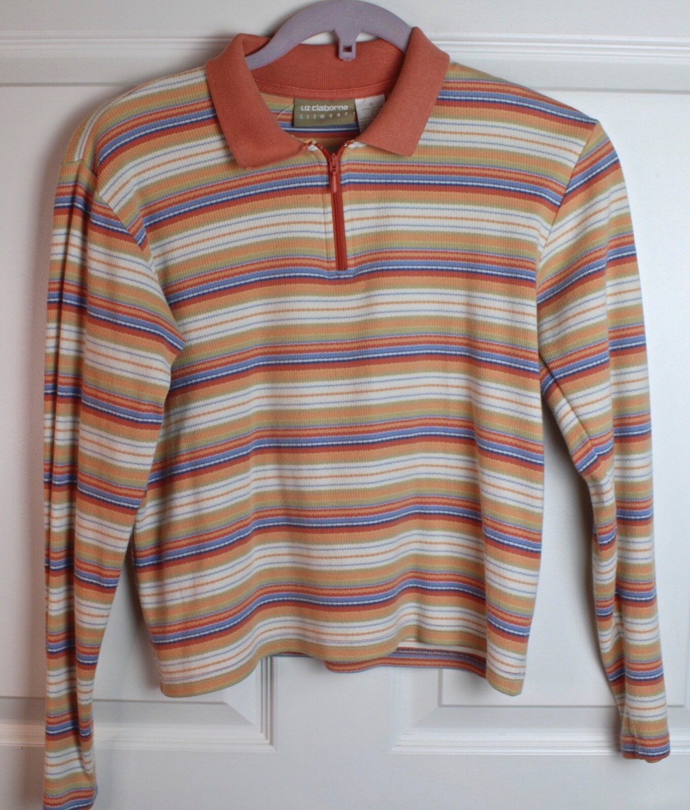VTG 80s Liz Claiborne Lizwear Pullover Cropped Striped Collared L/S Top 1/4 Zp S