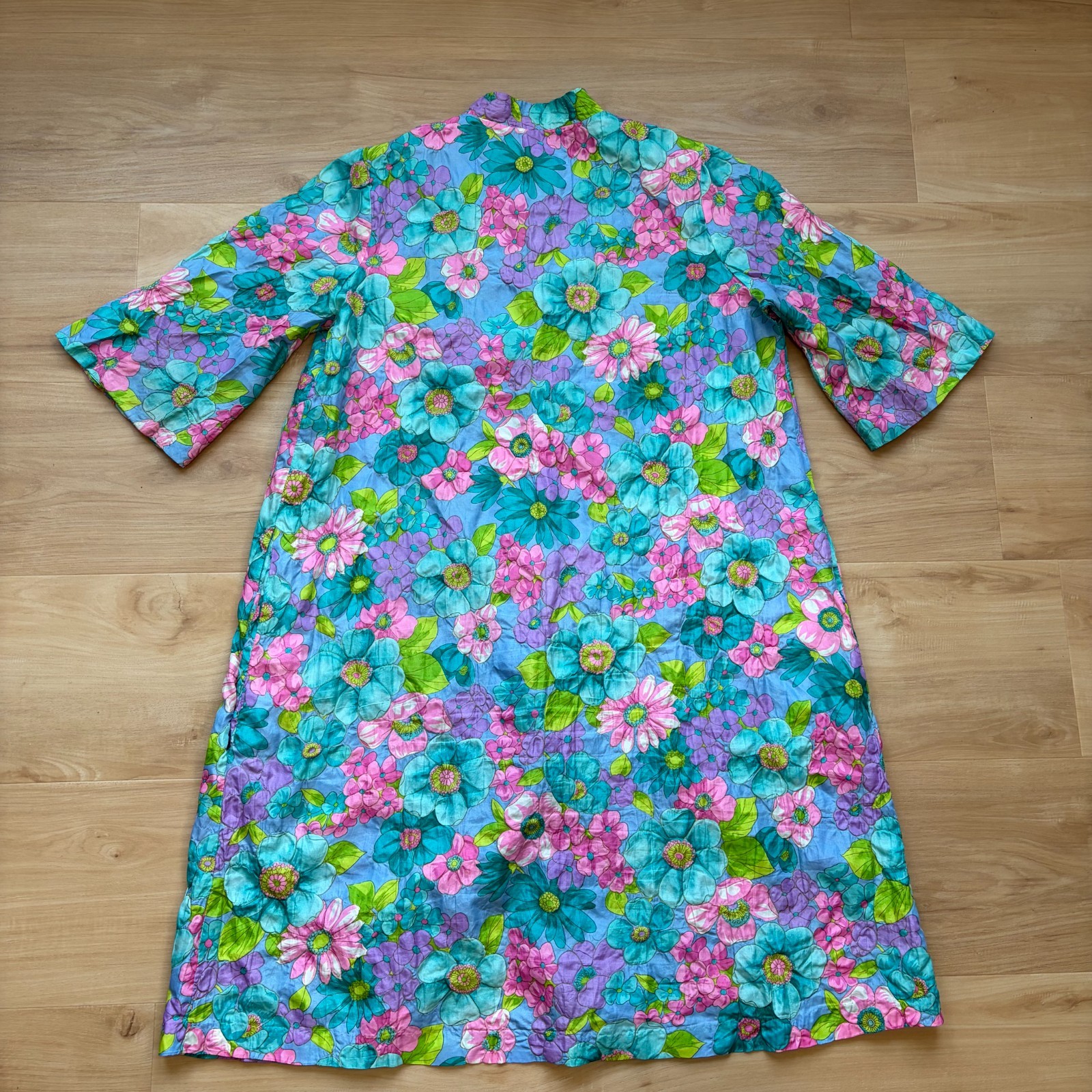 Vintage 1960s Barbara Lee Floral Psychedelic Kaftan House Dress Large (flaw)