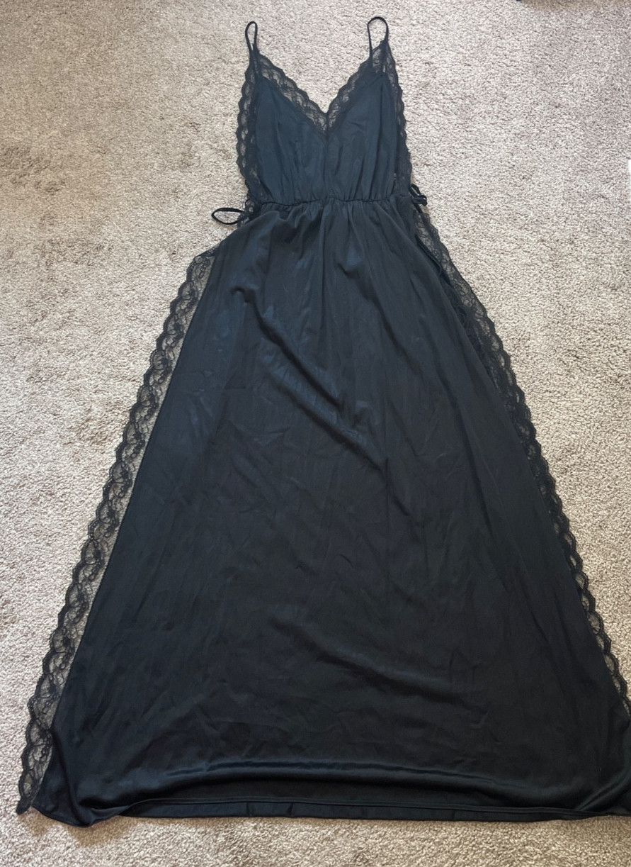 vintage slip dress lace deep v neck tie waist large