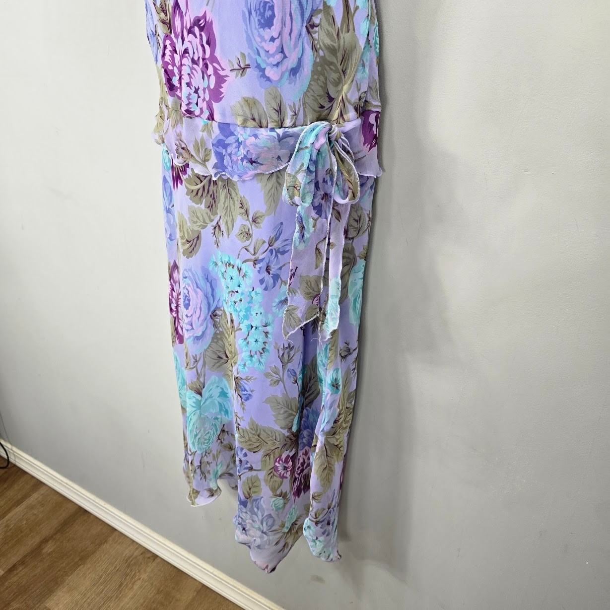 Vintage Meghan Mathews Midi Dress 10 Lilac Floral Asymmetrical Fairy Y2K Flutter