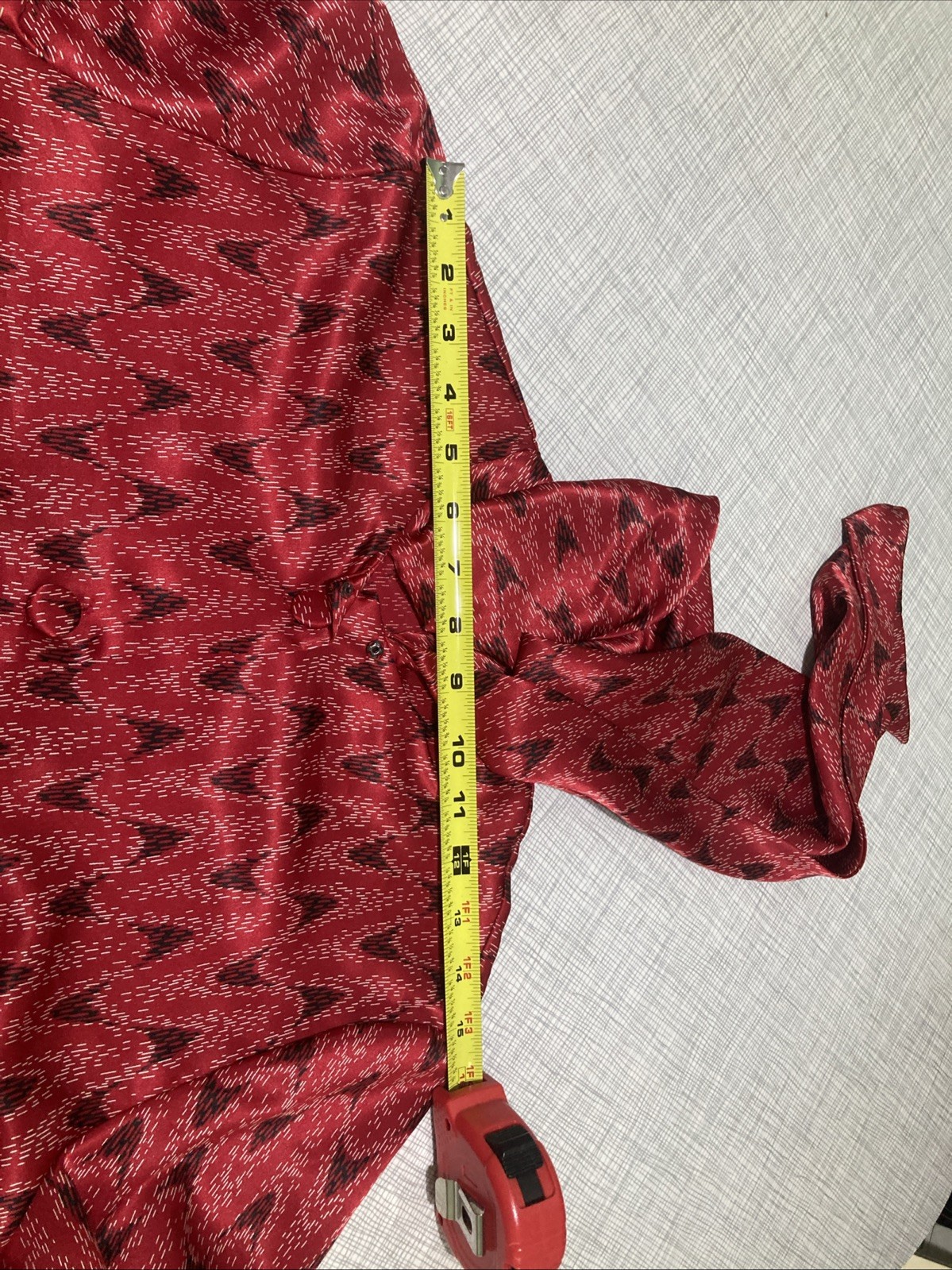 VTG 70s Weathervane Secretary Blouse Asymmetric Button Red Ikat Chevron Tie Neck