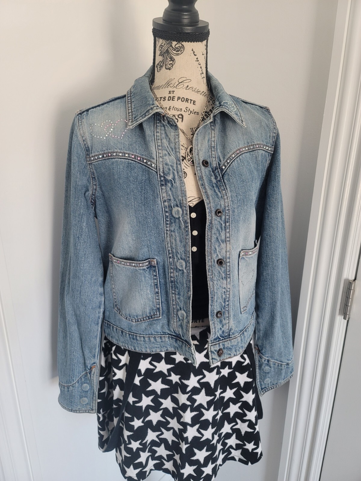 Vintage Y2K Upcycled Redone Custom Bling Gothic Cross Western Jean Jacket Medium