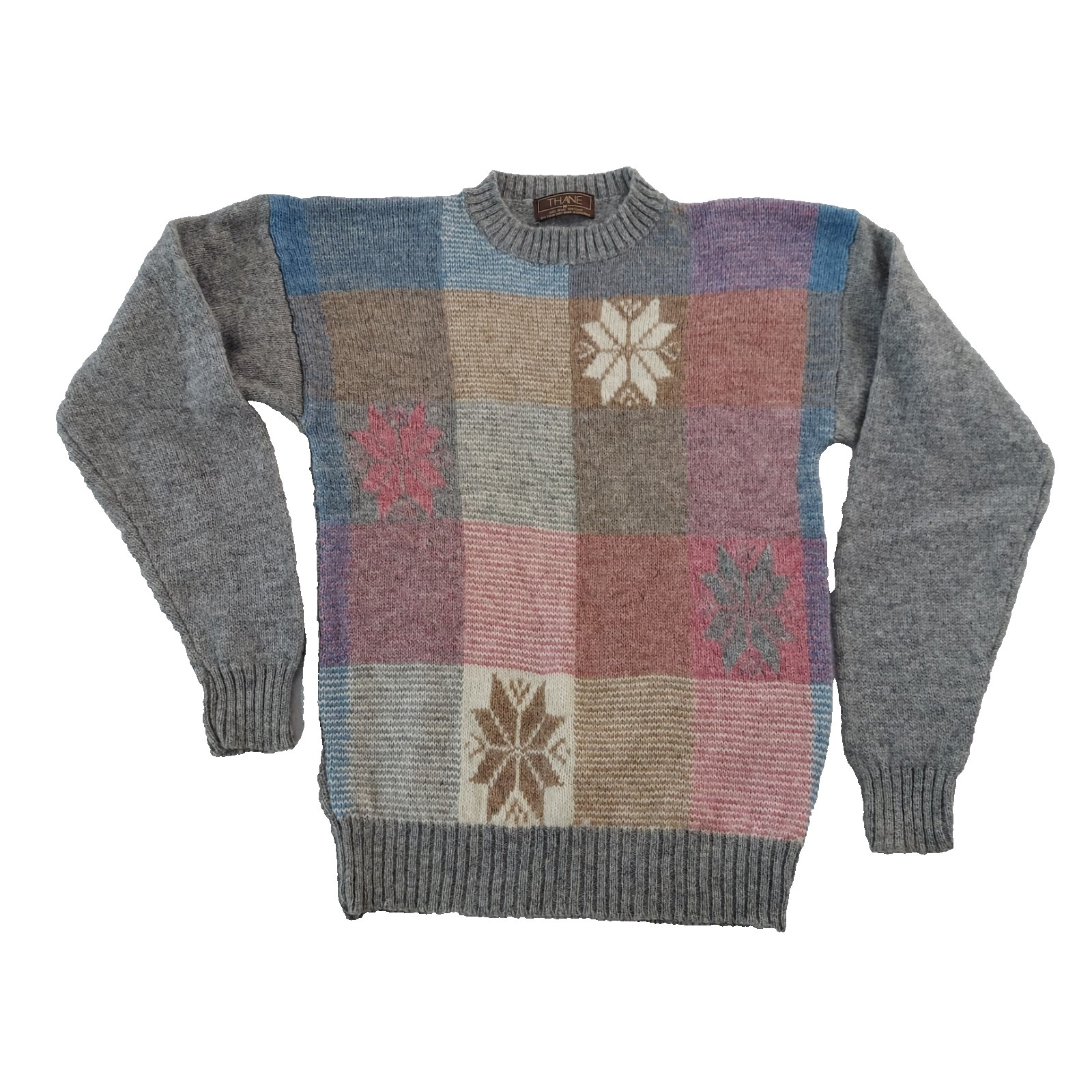 Vintage 1990s Thane Snow Flake Color Block Wool Sweater, S/M