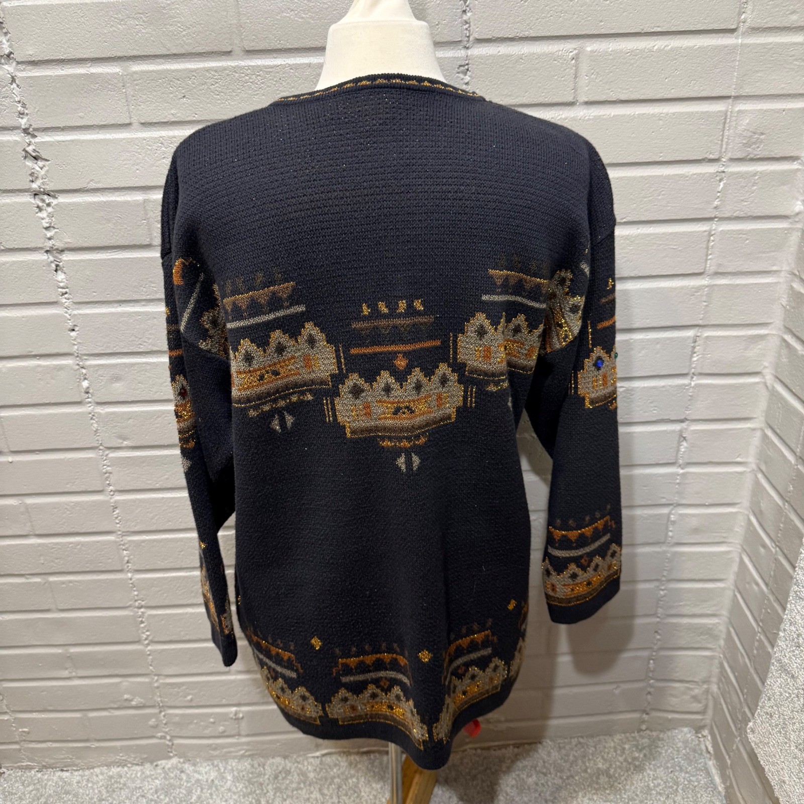 Vintage Dafna D&I Israel Jeweled Fringe Metallic Knit Sweater Med Black 80s 90s