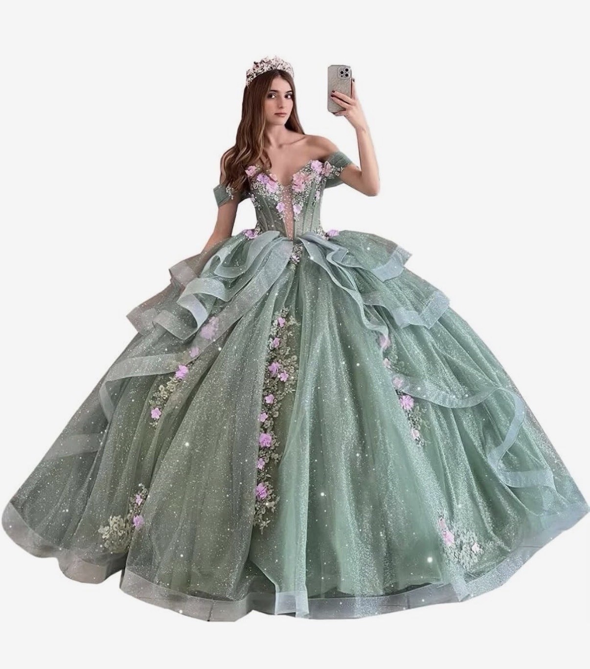 Mouccy Off-Shoulder Sweetheart Green Ball Gown Tulle Lace Beading