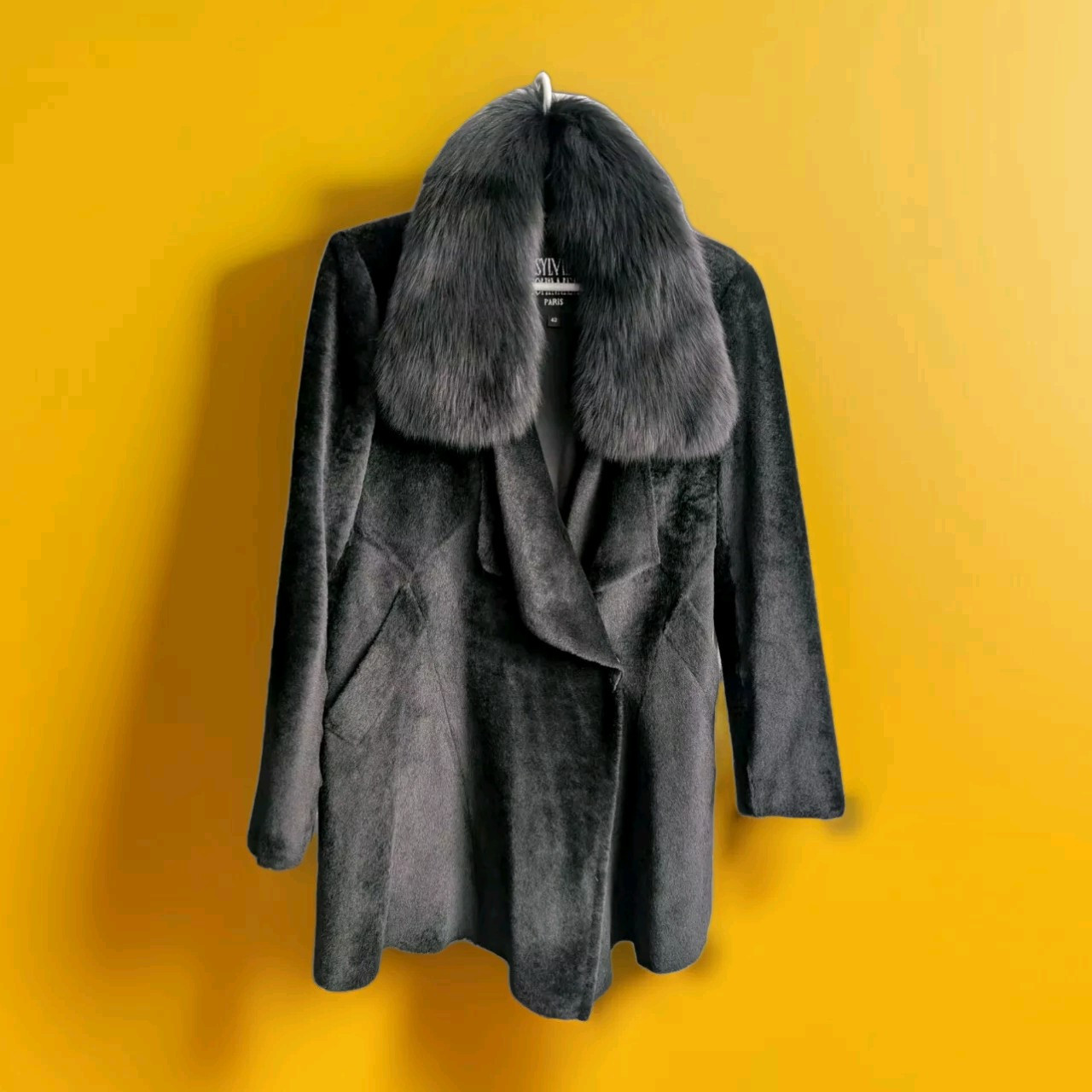 Sylvie Schimmel Pieton France Vintage Black Lamb Shearling Fox Fur Coat Jacket M