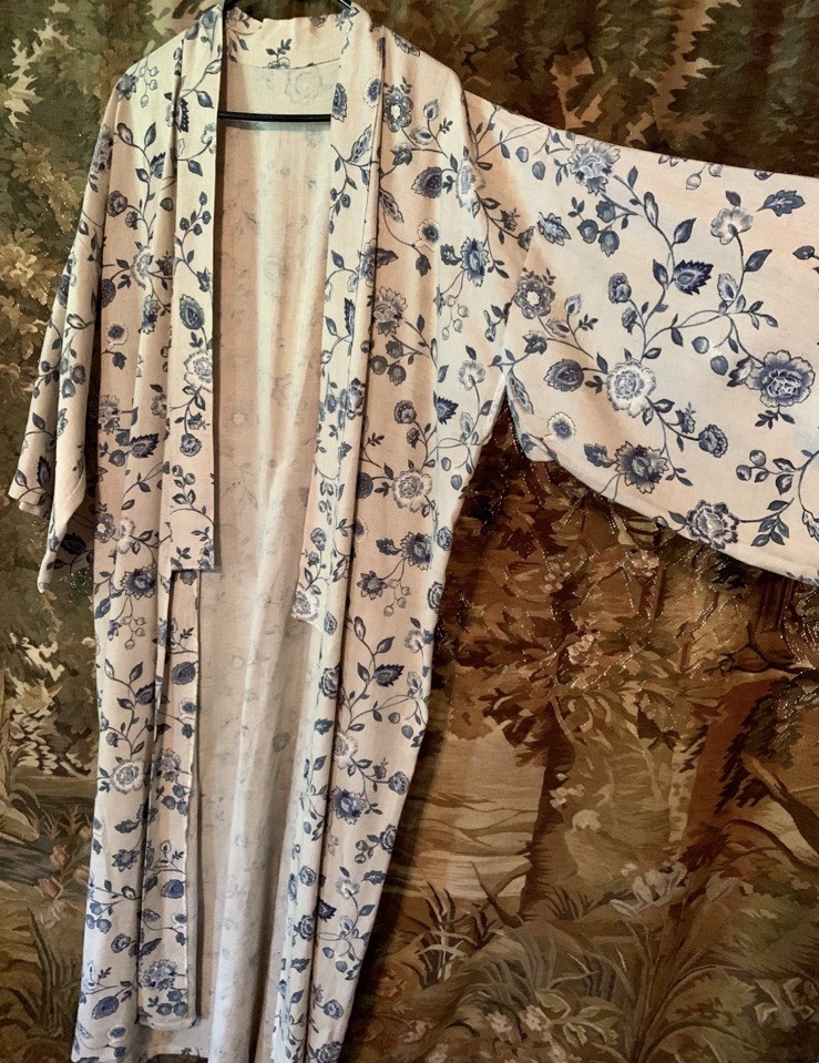 Vintage OOAK Linen Floral Maxi Full Length Kimono Wrap Robe Duster boho cottage