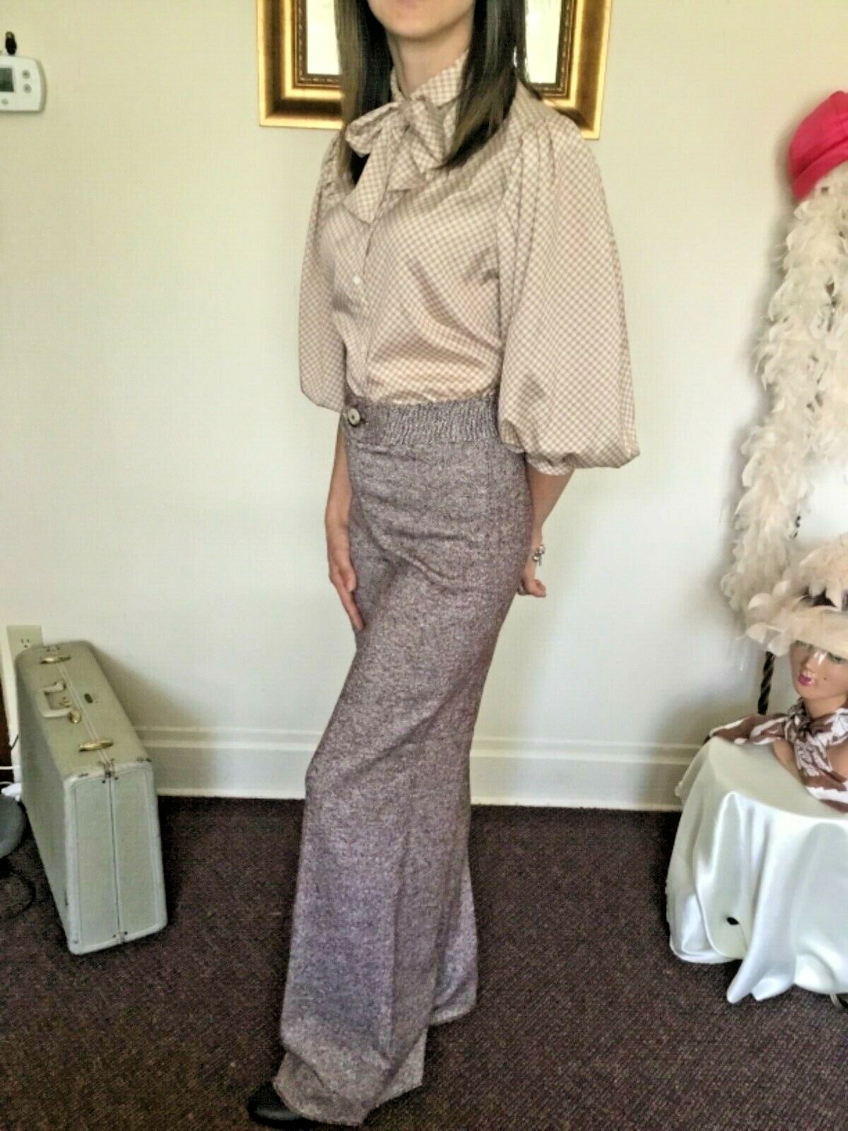 70’s Vintage Brown White Tweed Hi Waisted Ultra Bell Bottom Pants
