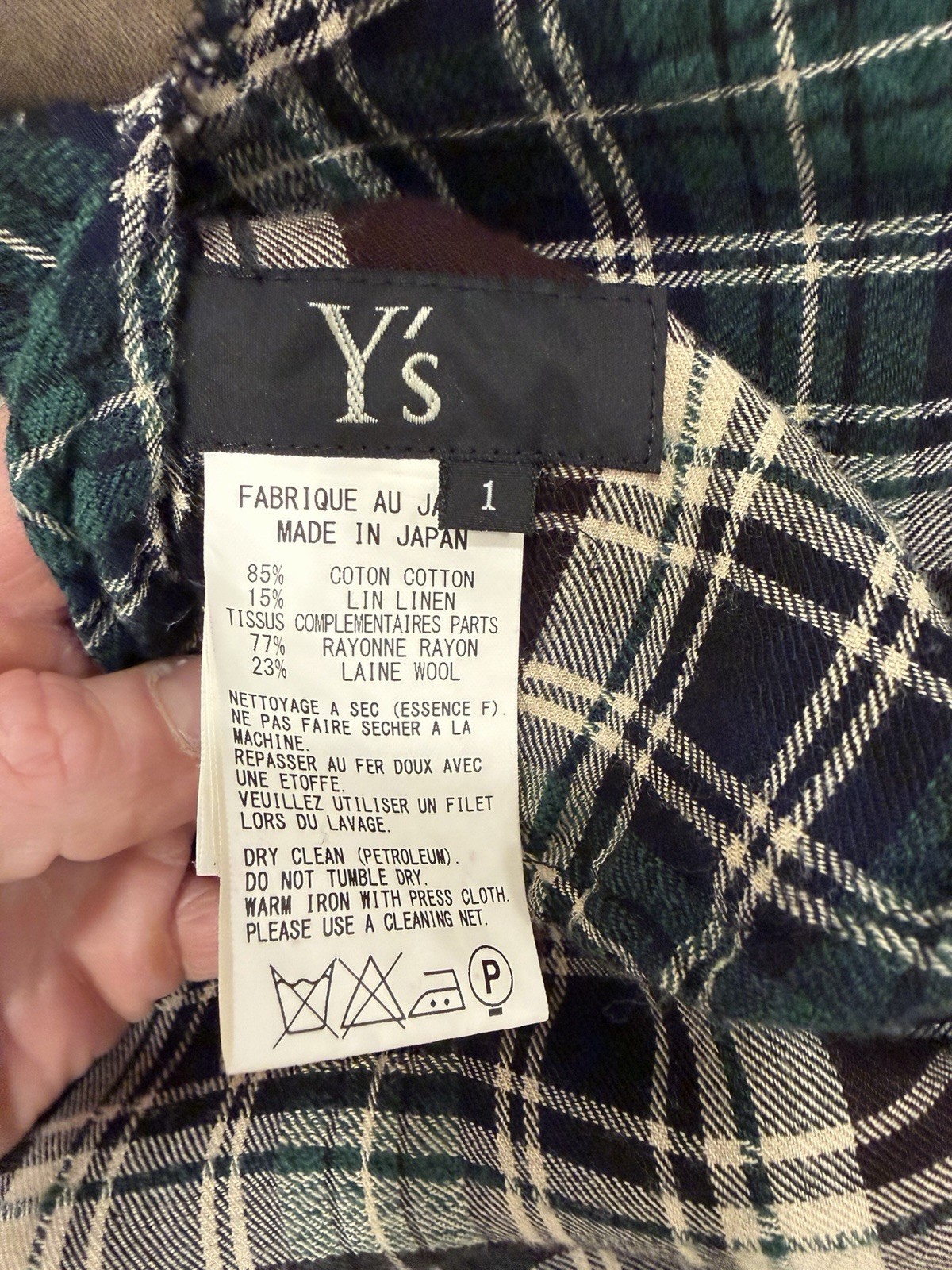 Y’s Yohji Yamamoto Asymmetrical Plaid Linen Cotton Sz S Made/Purchased in Japan