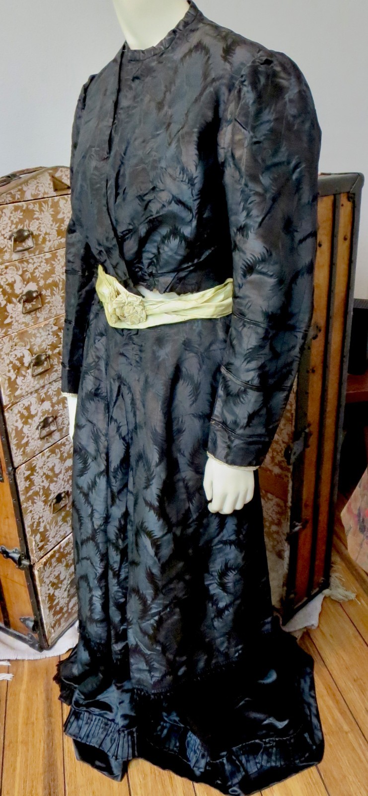 Antique 1860s Black Silk Mourning Dress Fern Pattern Fringe & Ruffle 2 Piece