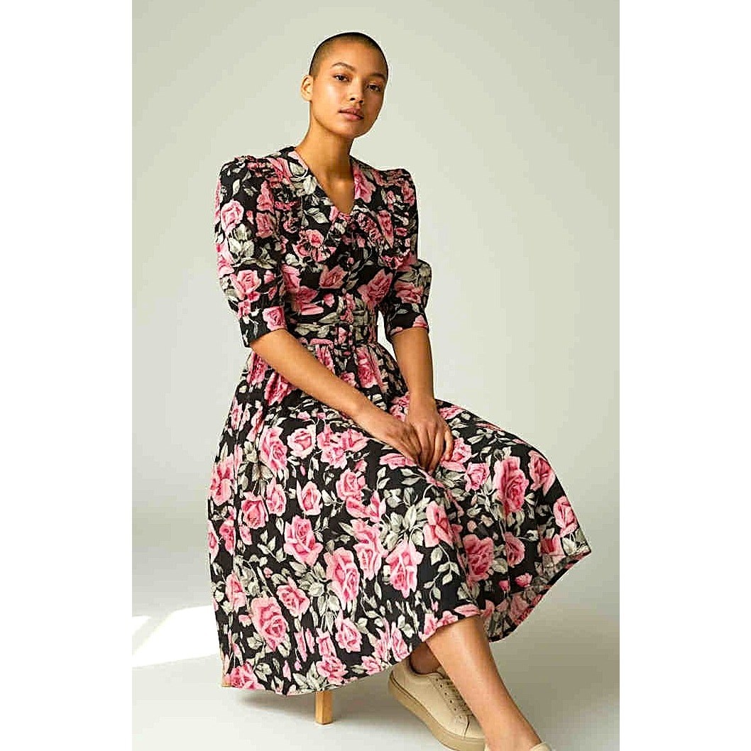 Vintage 1980s Tiona Barrie Pink Black Floral Dress Short Sleeves Size 12 Made US