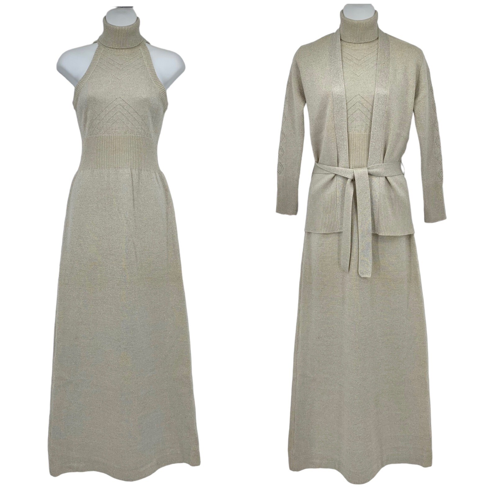 VTG 70s Prairie Knit Wool Glam Maxi Dress Cardigan Jon-Michel 9-10 Cottagecore