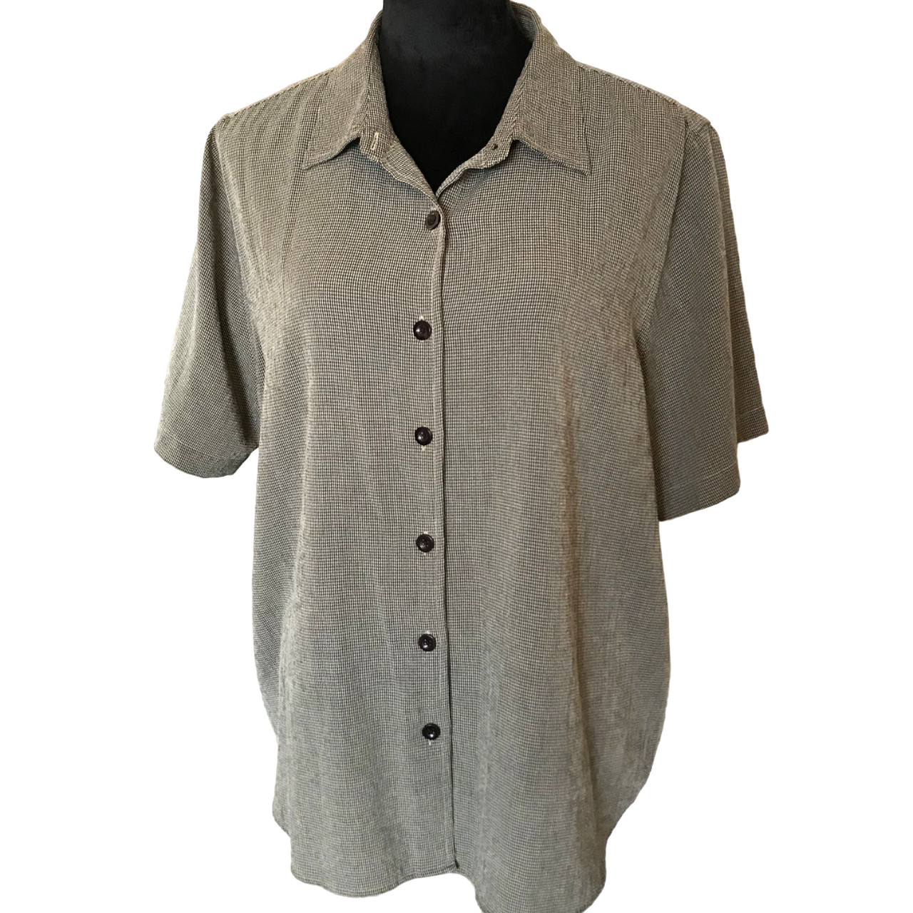 Vintage Pin Check Blouse 80s Lightweight Button-Down Top Pleated Back Size 1X