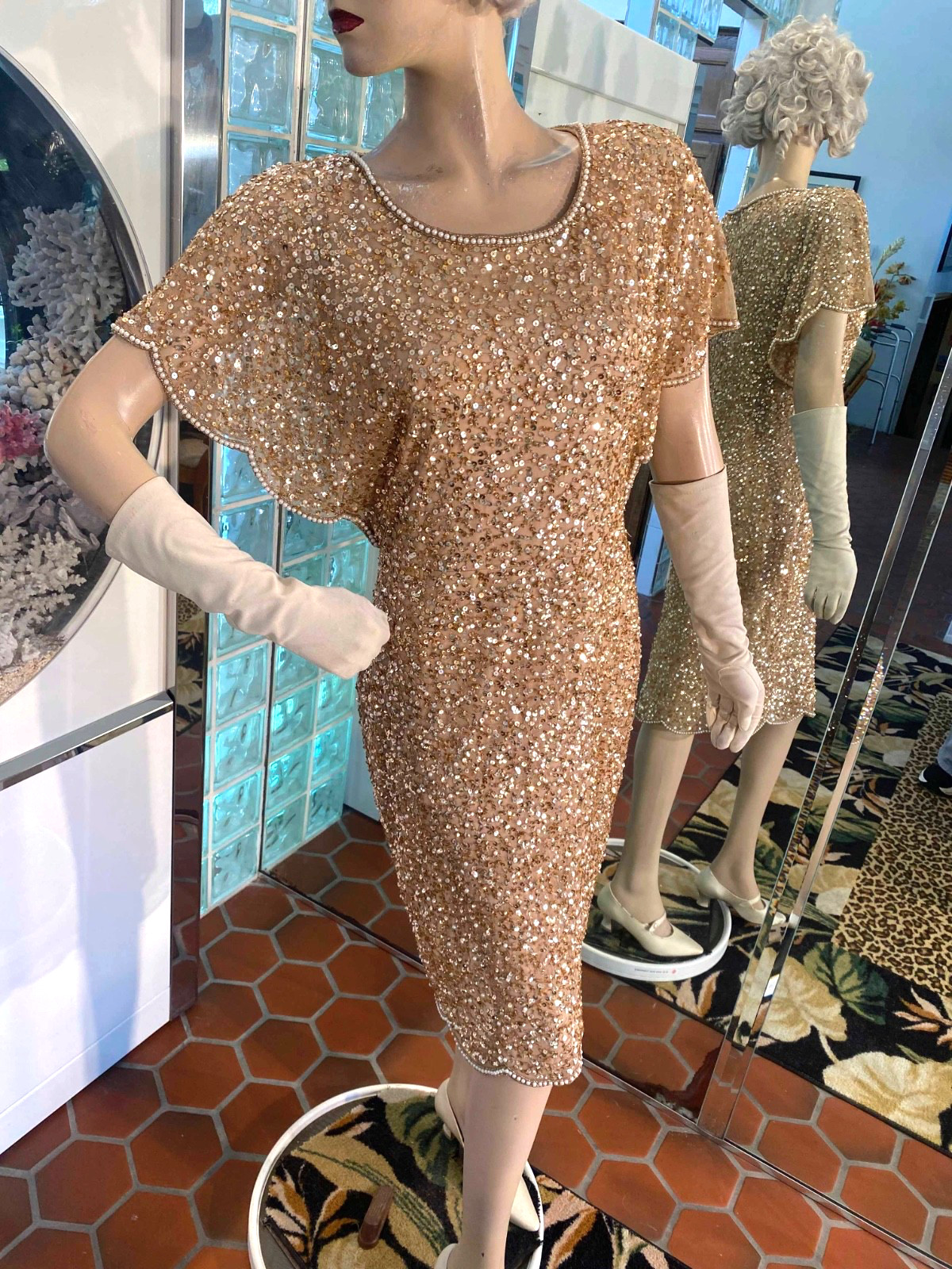 VTG Papell Evening Gold Sequin Beaded Dress Butterfly sleeves Fairy Knee 10