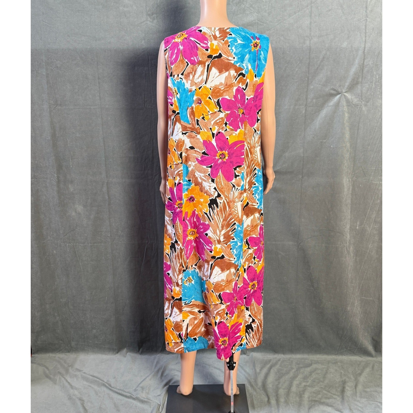 Vintage 90s Choices Multi Floral Linen Tank Dress L Sleeveless Lagenlook Artsy