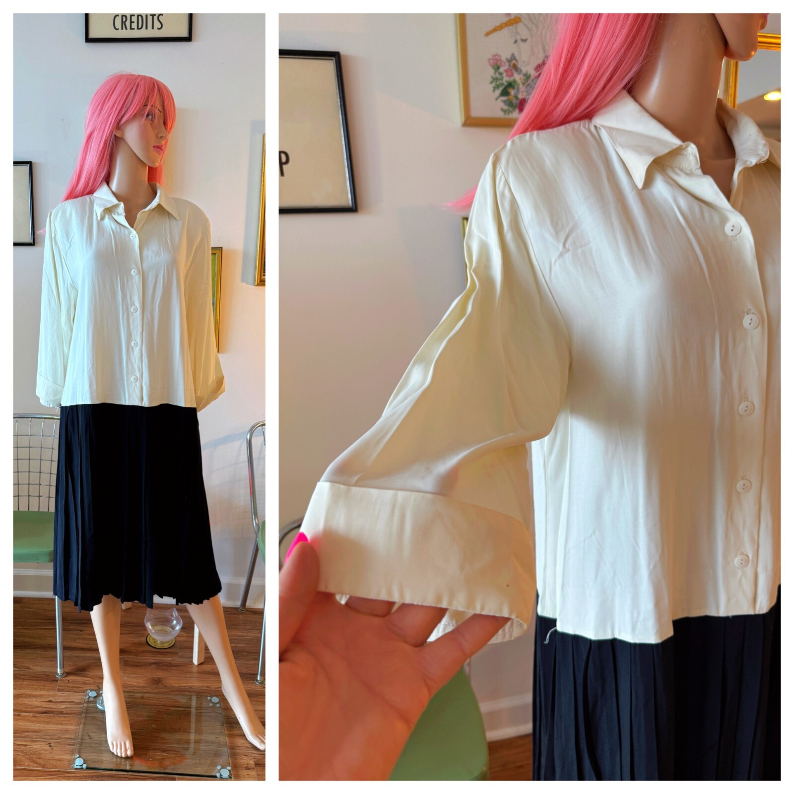Vintage 80s Ulta Drop Waist Working Girl Boxy Shirt Pleats Schoolgirl Dress L XL