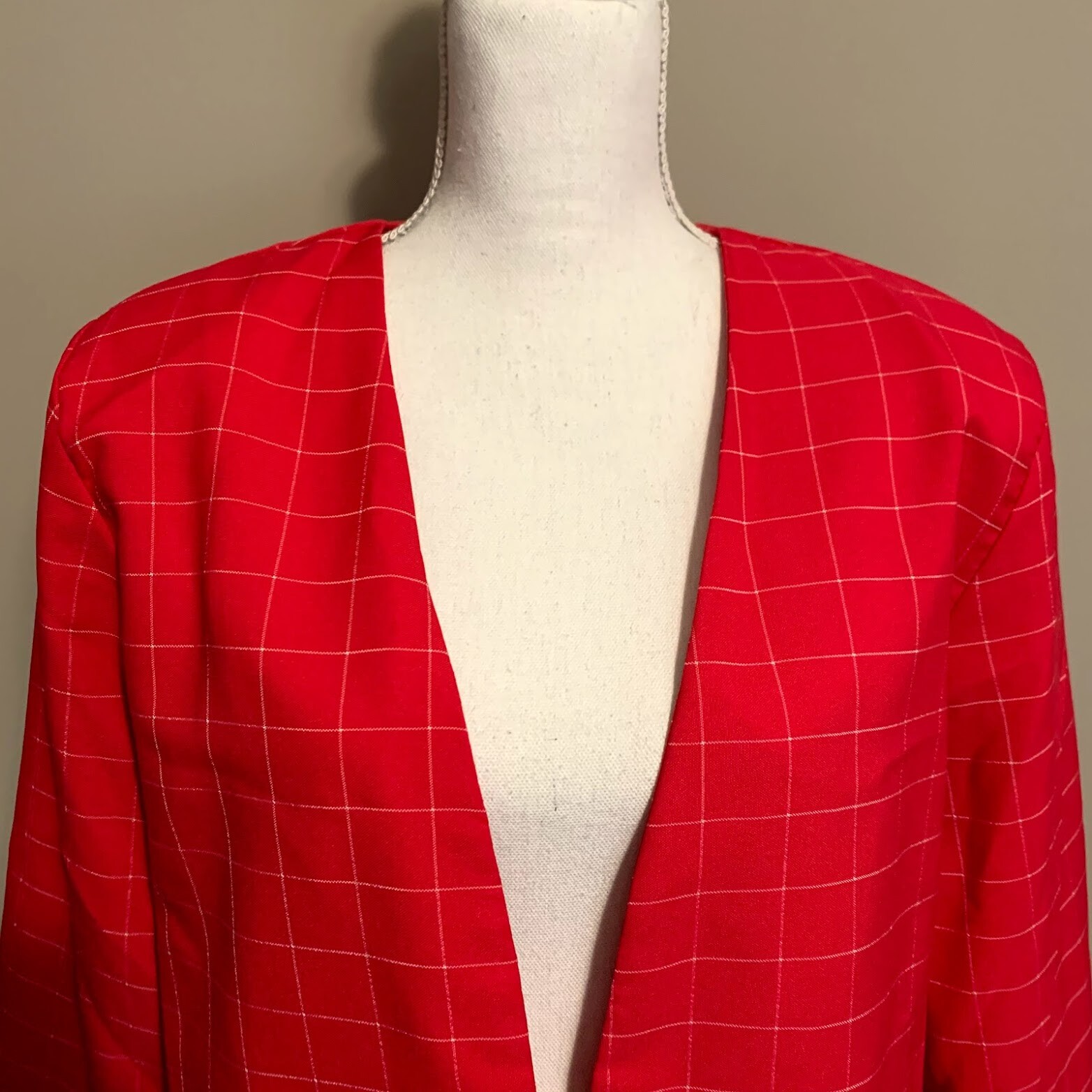 VTG Hot Pink White Windowpane Plaid Open Front Blazer Jacket 80s 90s Size 16