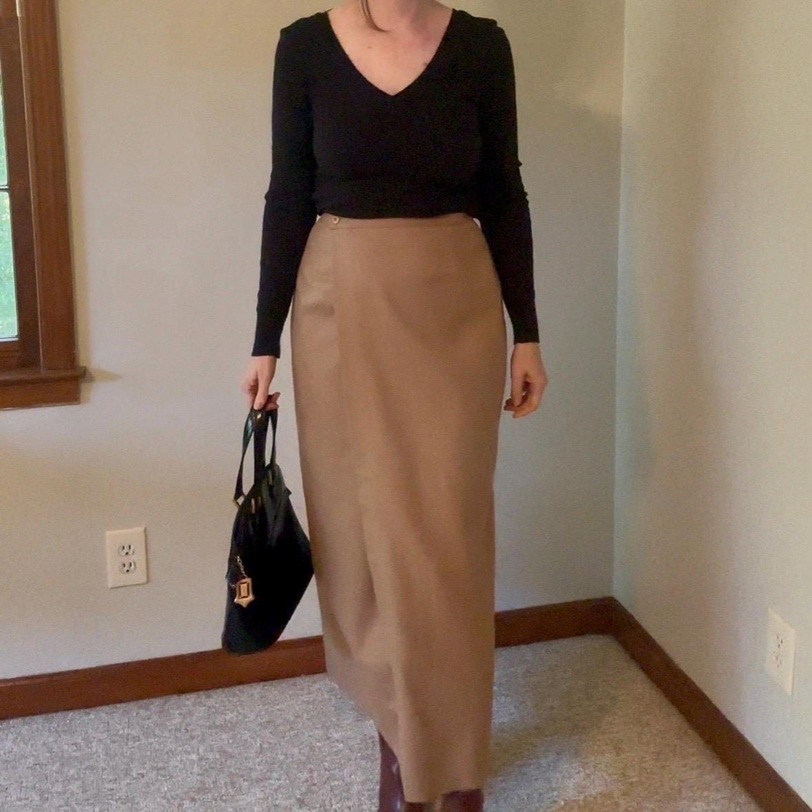 Vintage SISLEY Camel Italian Virgin Wool Wrap Maxi Skirt, 90s Minimalist, Size 6