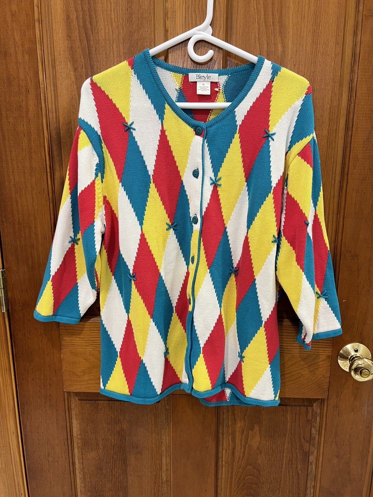 Bleyle 100% Cotton Women’s Cardigan Argyle Sweater Size XL * READ