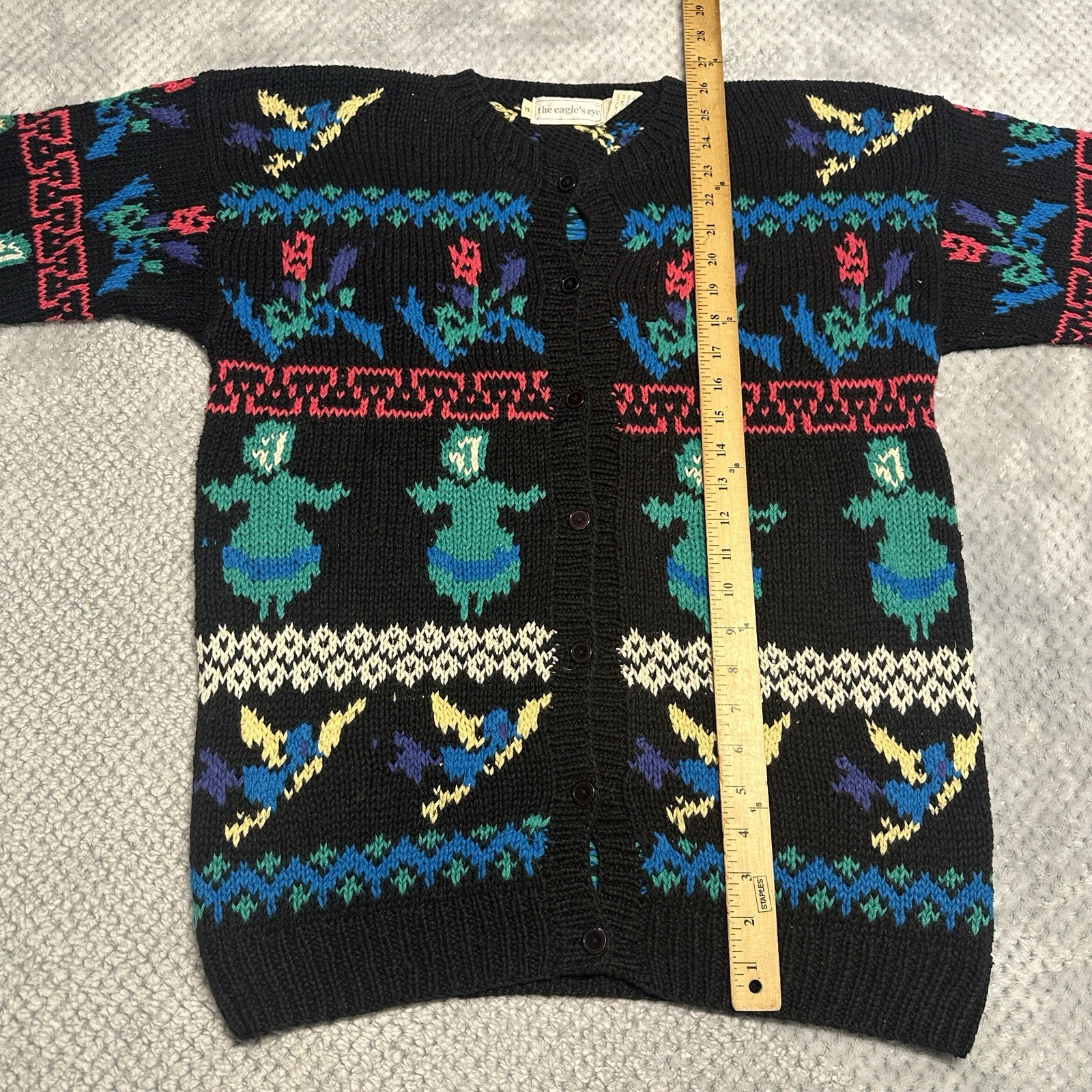 Vintage The Eagle’s Eye Chunky Cardigan Knit Sweater Medium Black Neon Flowers