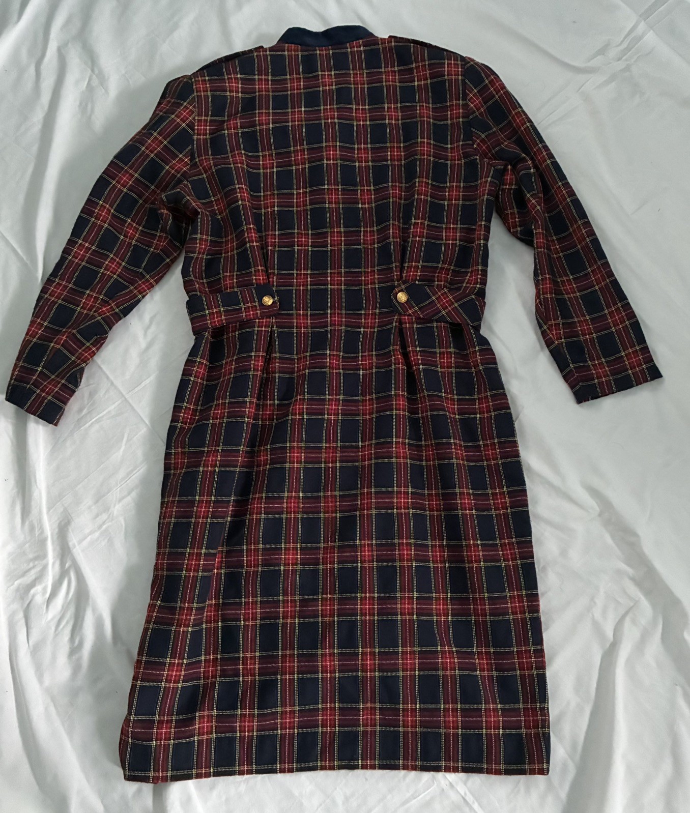 Vintage Laura Plaid 100% Cotton Dress Velvet Collar Gold Buttons USA 80s Sz 14