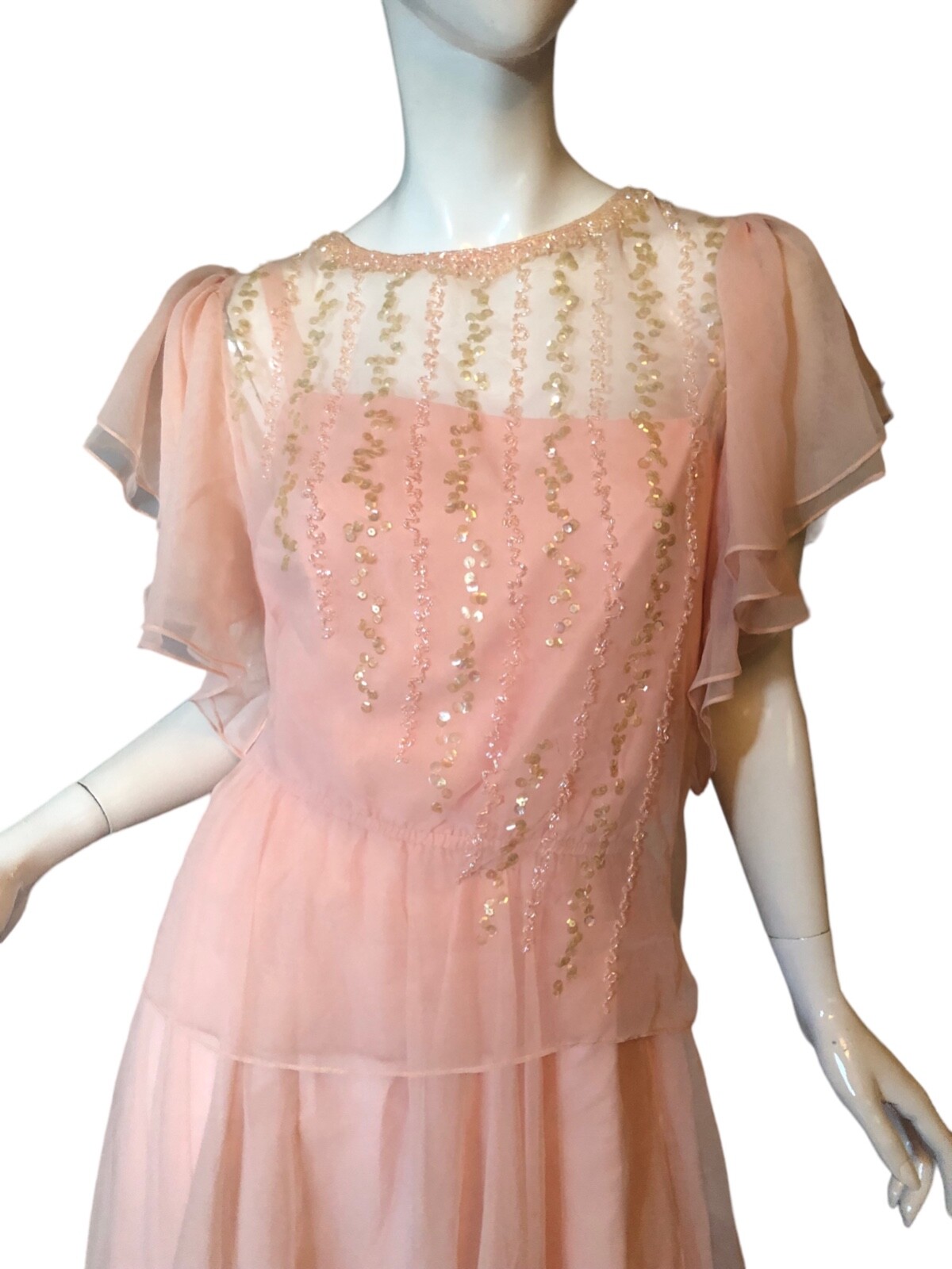 Vtg 70s 80s JACK BRYAN Dress Set 14 M Pink RUFFLE Beaded SEQUIN CHIFFON COQUETTE