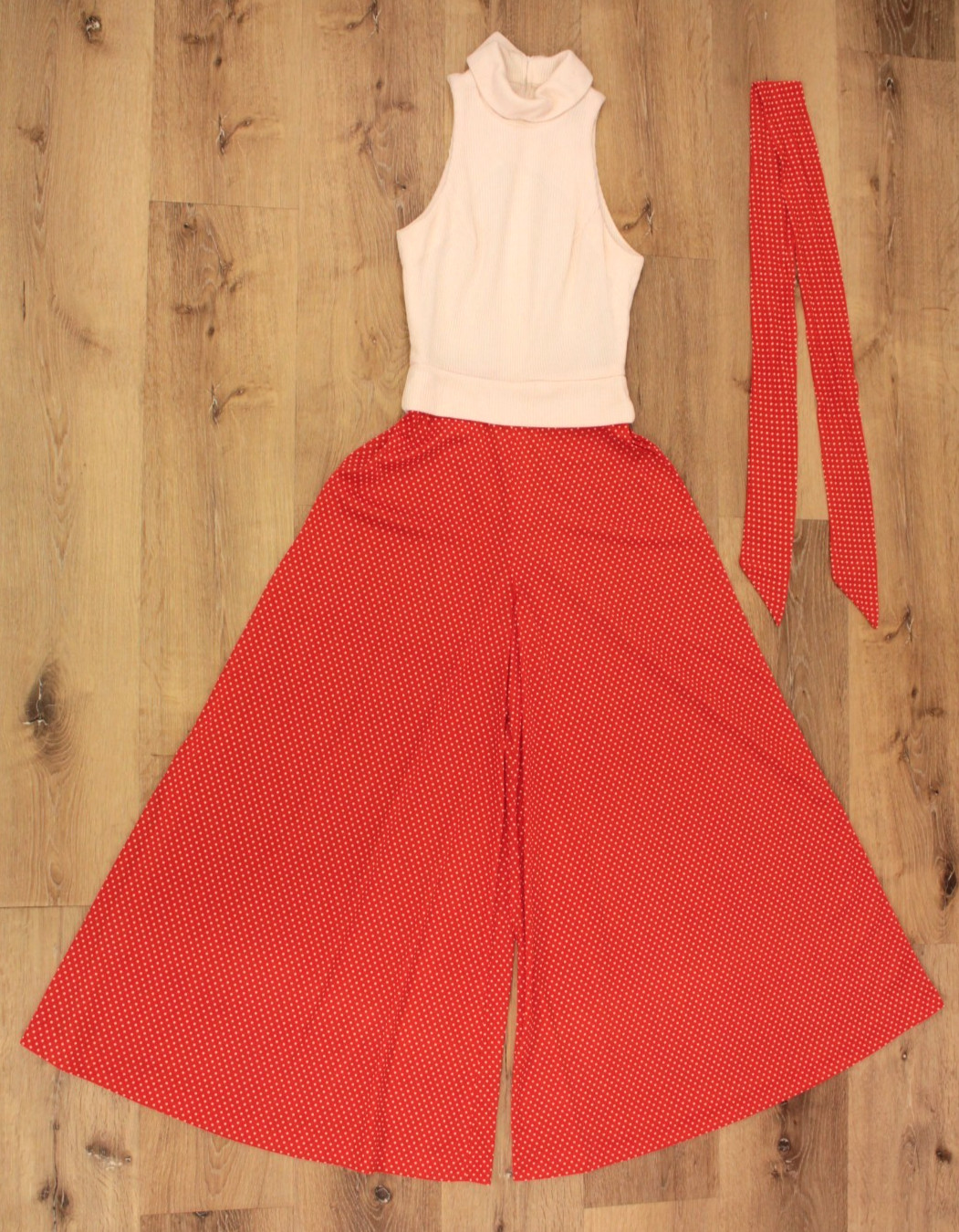 VTG Women’s 70s White & Red Polka Dot Wide Leg / Palazzo Jumpsuit XS 1970s PBJ