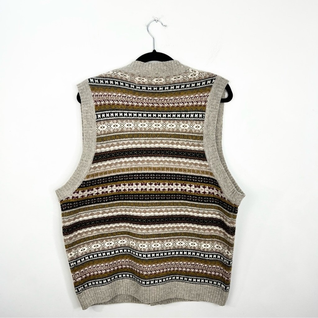Vintage 80s 90s pure wool grey tan fair isle button front grandpa sweater vest M