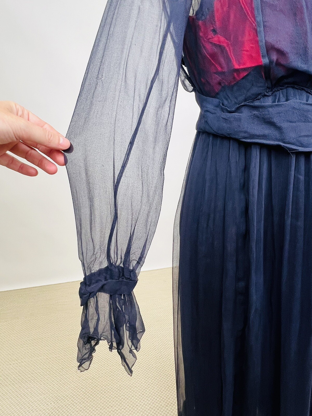Antique 1910s 1920s Navy Blue Silk Chiffon Dress Floral Embroidery Beading AS IS