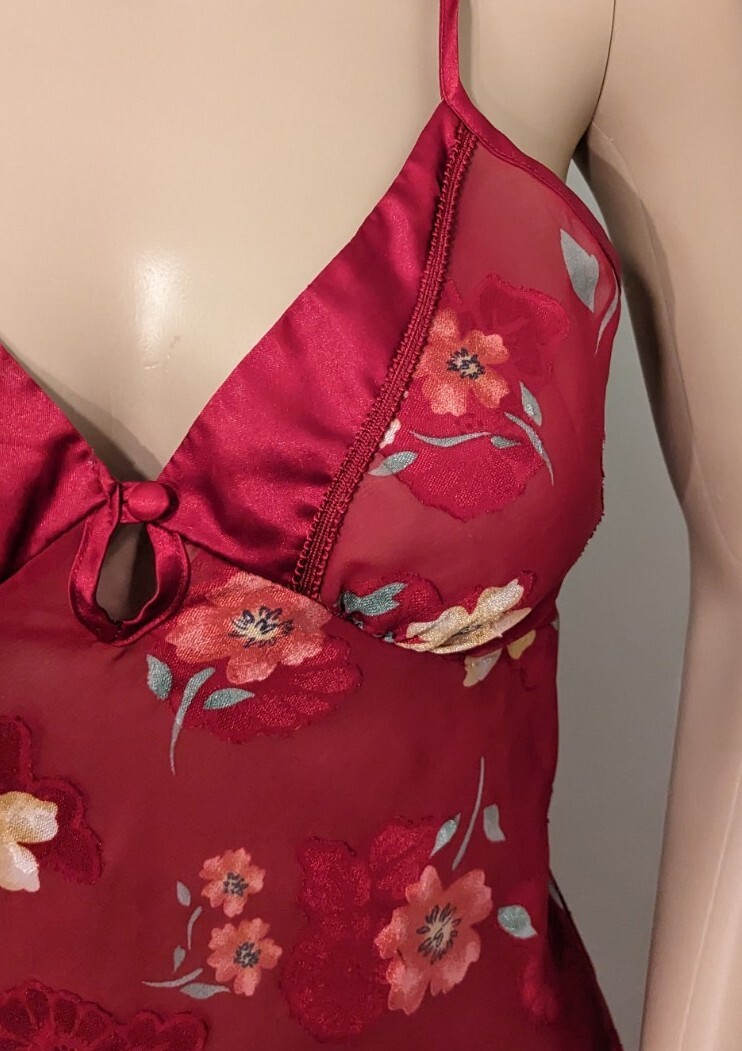 Sexy Secret Treasures Long Gown Sz M Deep Red Sheer Floral Burn Out Slip Dress