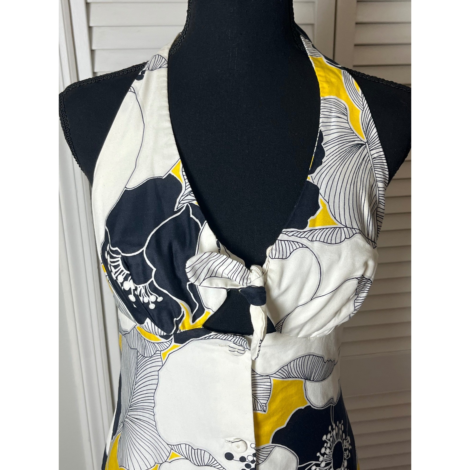 Vintage Sun Fashions Hawaii Floral Dress 12 Halter Button up Blk, yellow white