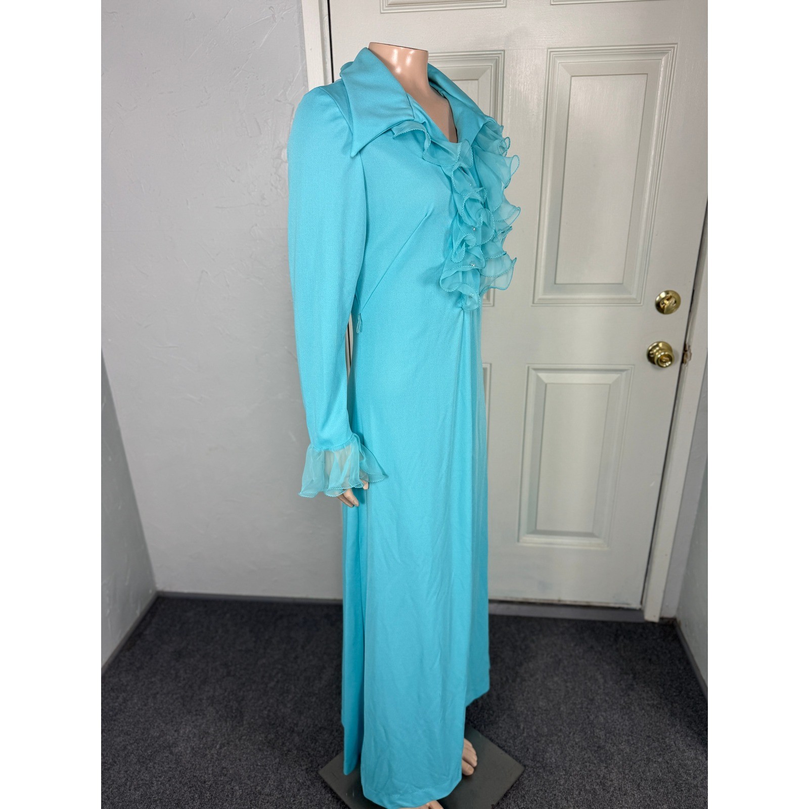 Vintage 70s Dress Bridesmaid Maxi Polyester Knit Party Formal Evening Ruffle NN3