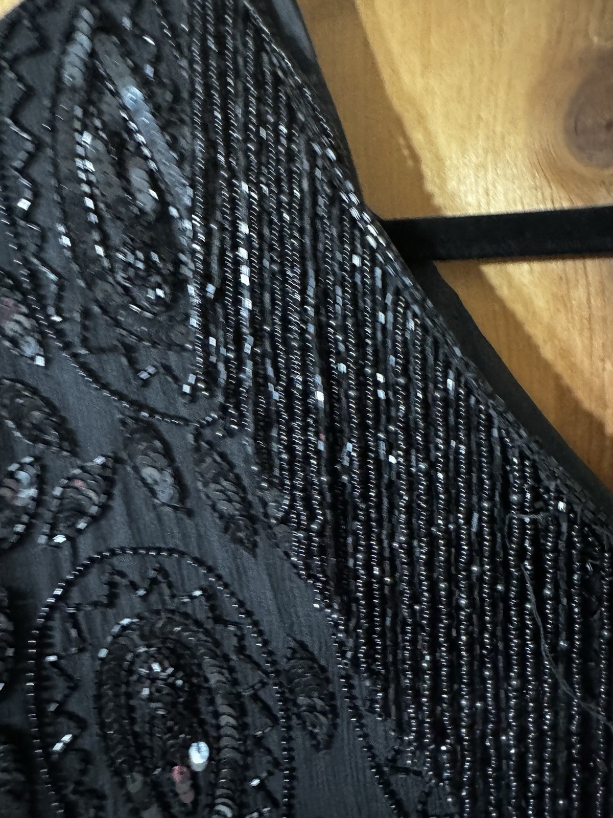 Mid 1990’s Black Tan Chho Sequinned & Beaded Dress with Fringe 2X BUST 44-48”