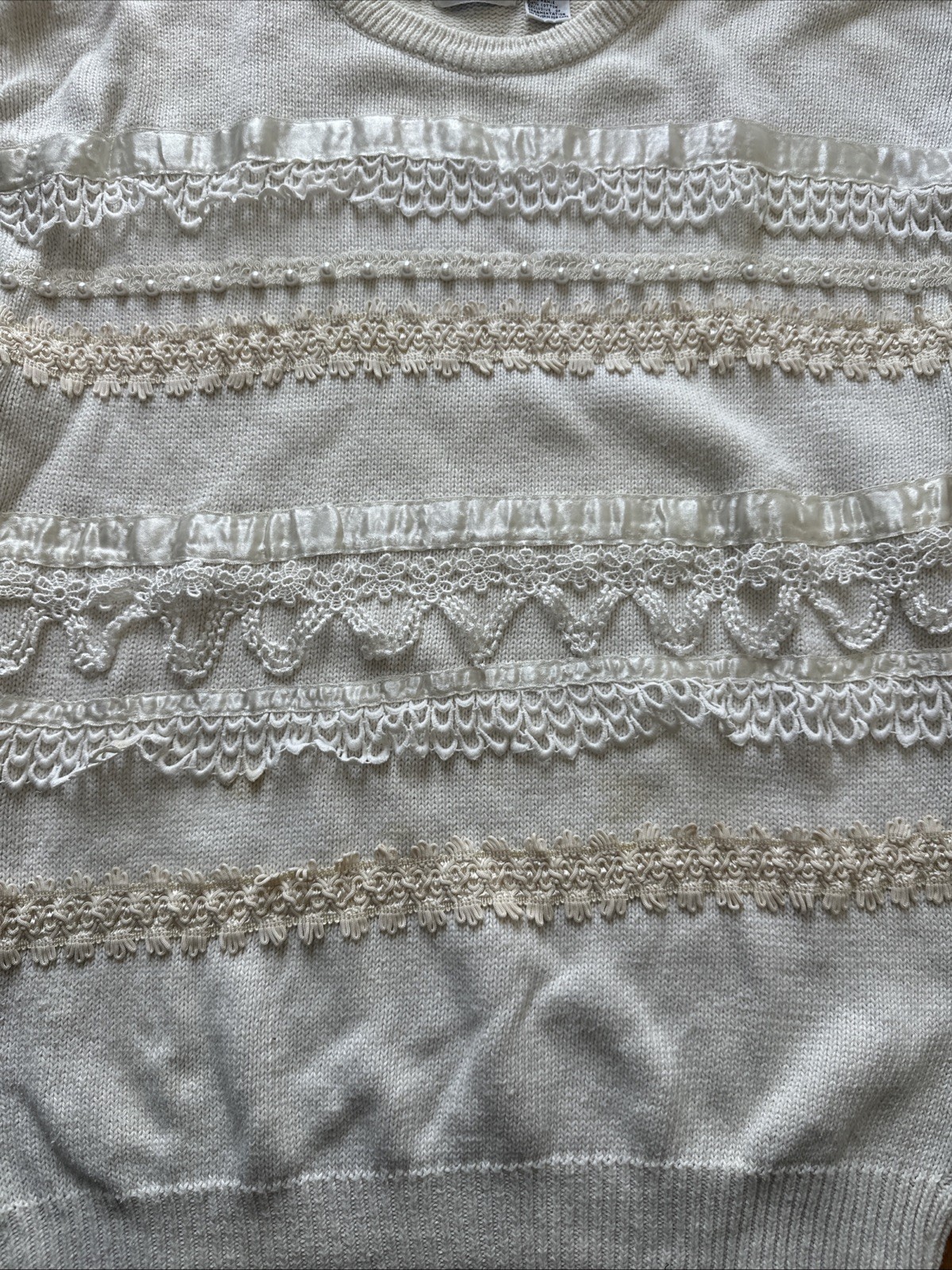 Vintage 90s Bonnie and Bill by Holly Cream Lace Ribbon Trim Sweater Fiarycore