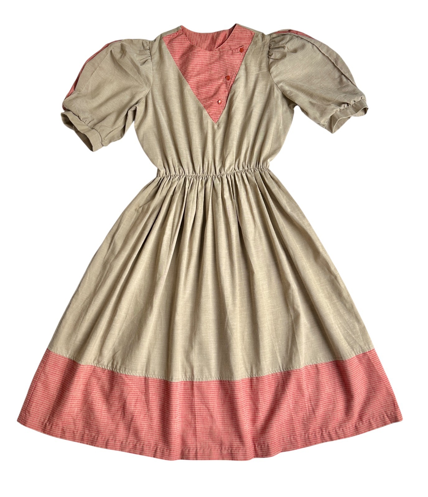 Vintage Impromptu Prairie Cottagecore Peasant Dress Brown Pink Puff Sleeve Women