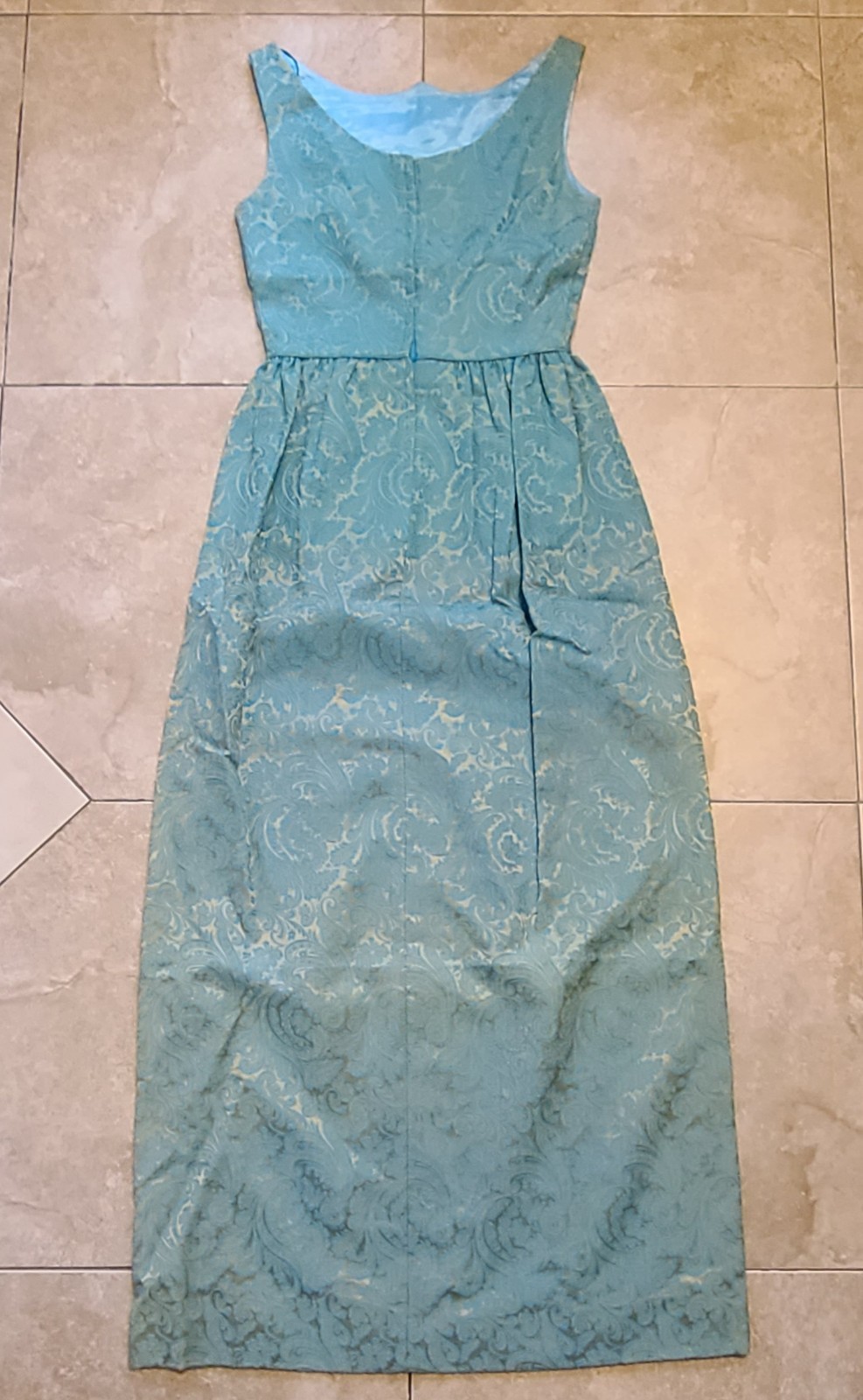 VTG 1960s Turquoise Blue & Gold Brocade Maxi Dress Women’s XS Bow Detail