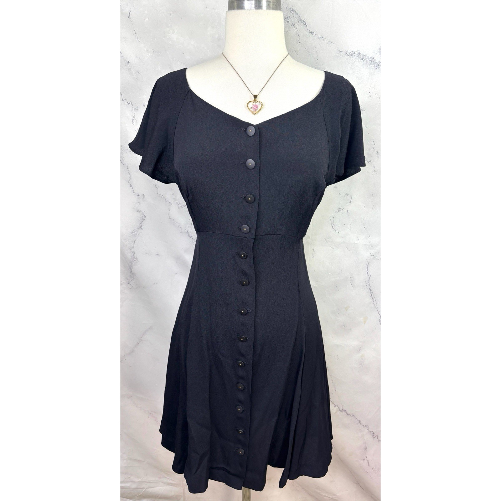 Betsey Johnson 90s USA Dress Sz M Fit Flare Black Punk Goth Emo Button Witchy