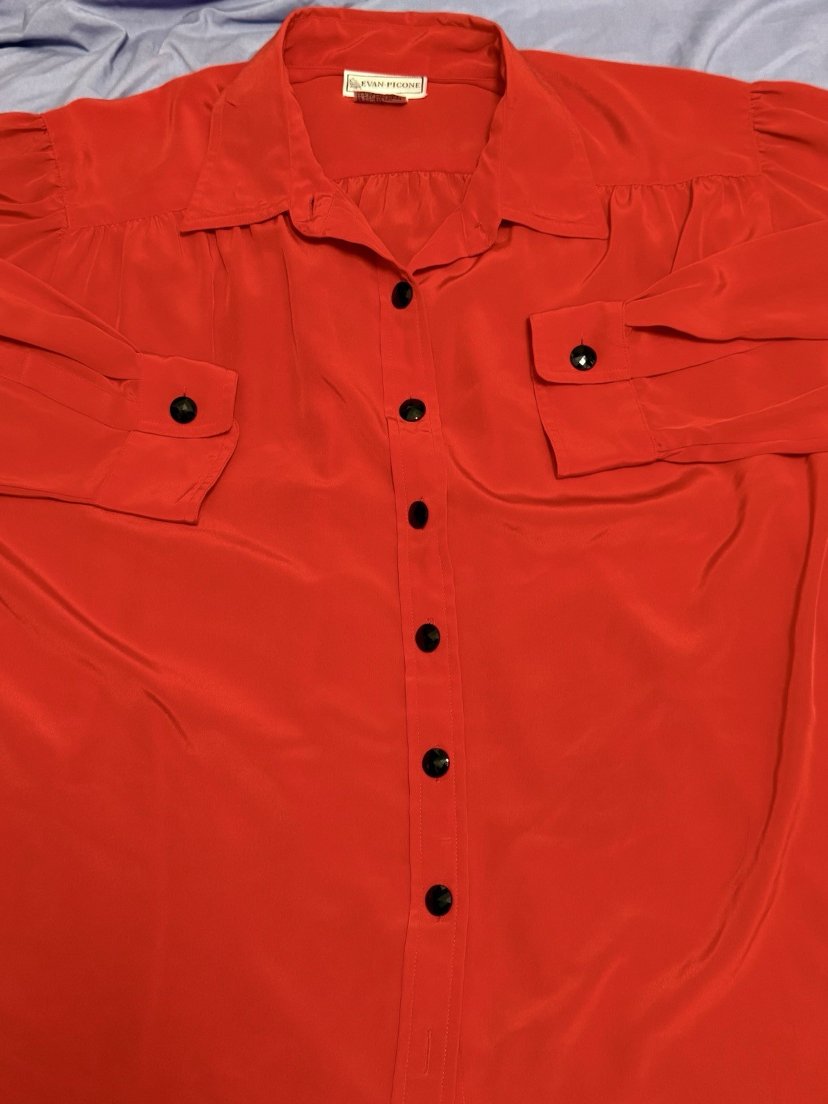 VTG Evan Picone Hong Kong Satin Cherry Red Blouse 14 Office Siren Quiet Luxury